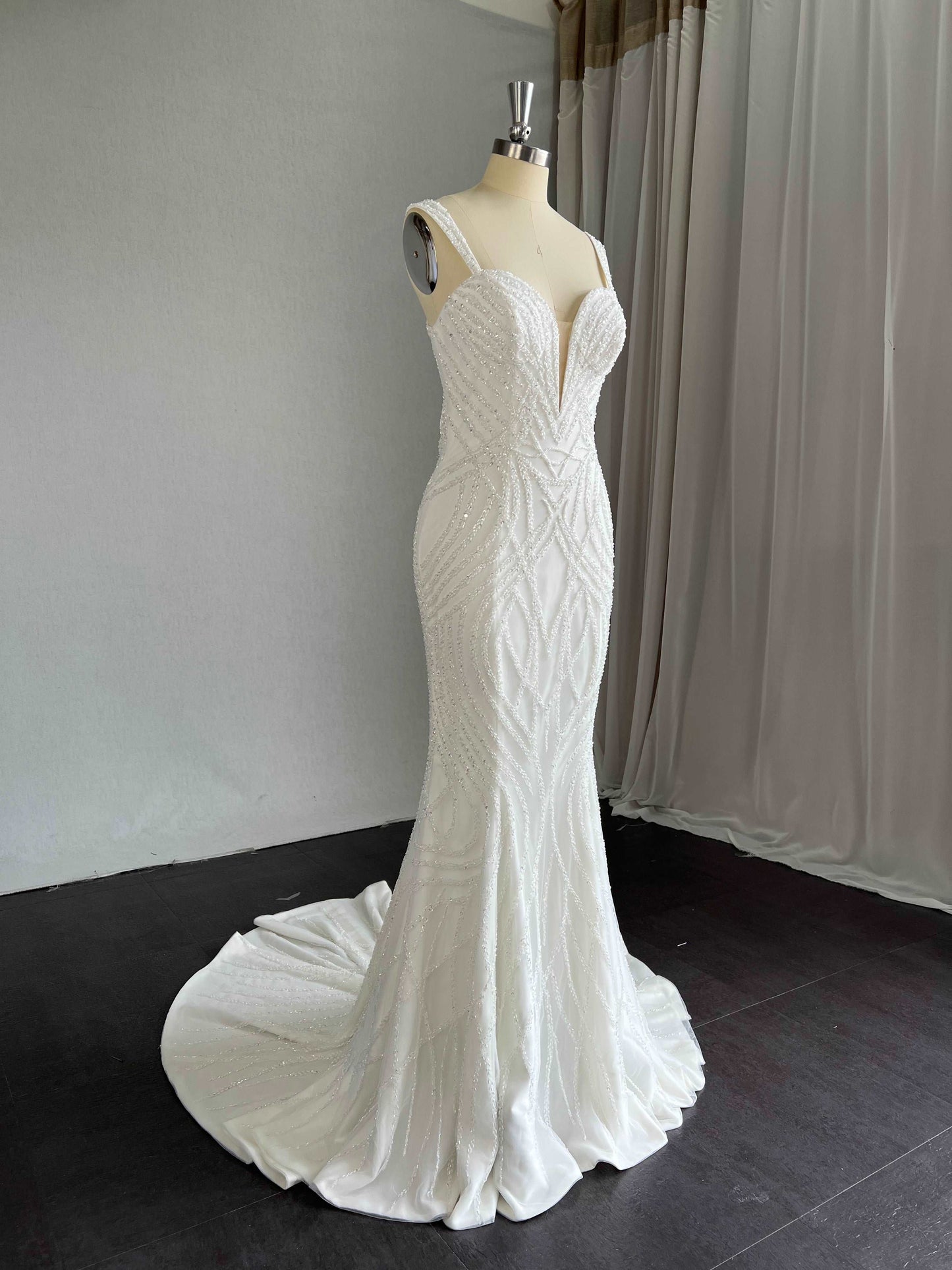 Plunge Neckline Beaded Crepe Fit & Flare Wedding Dress Amelia
