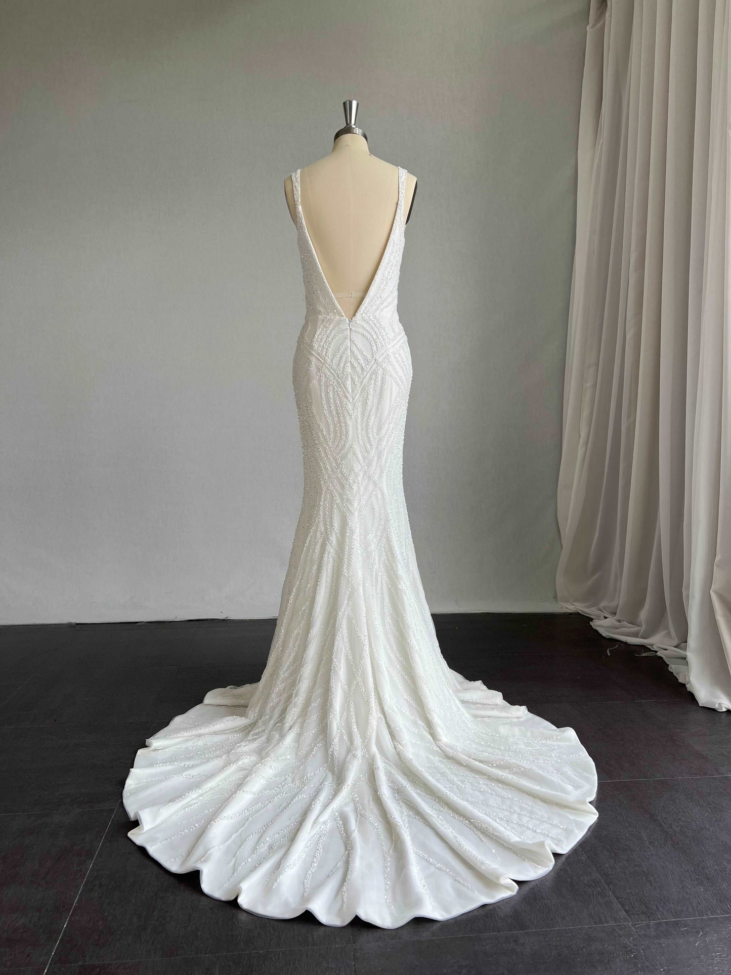 Plunge Neckline Beaded Crepe Fit & Flare Wedding Dress Amelia