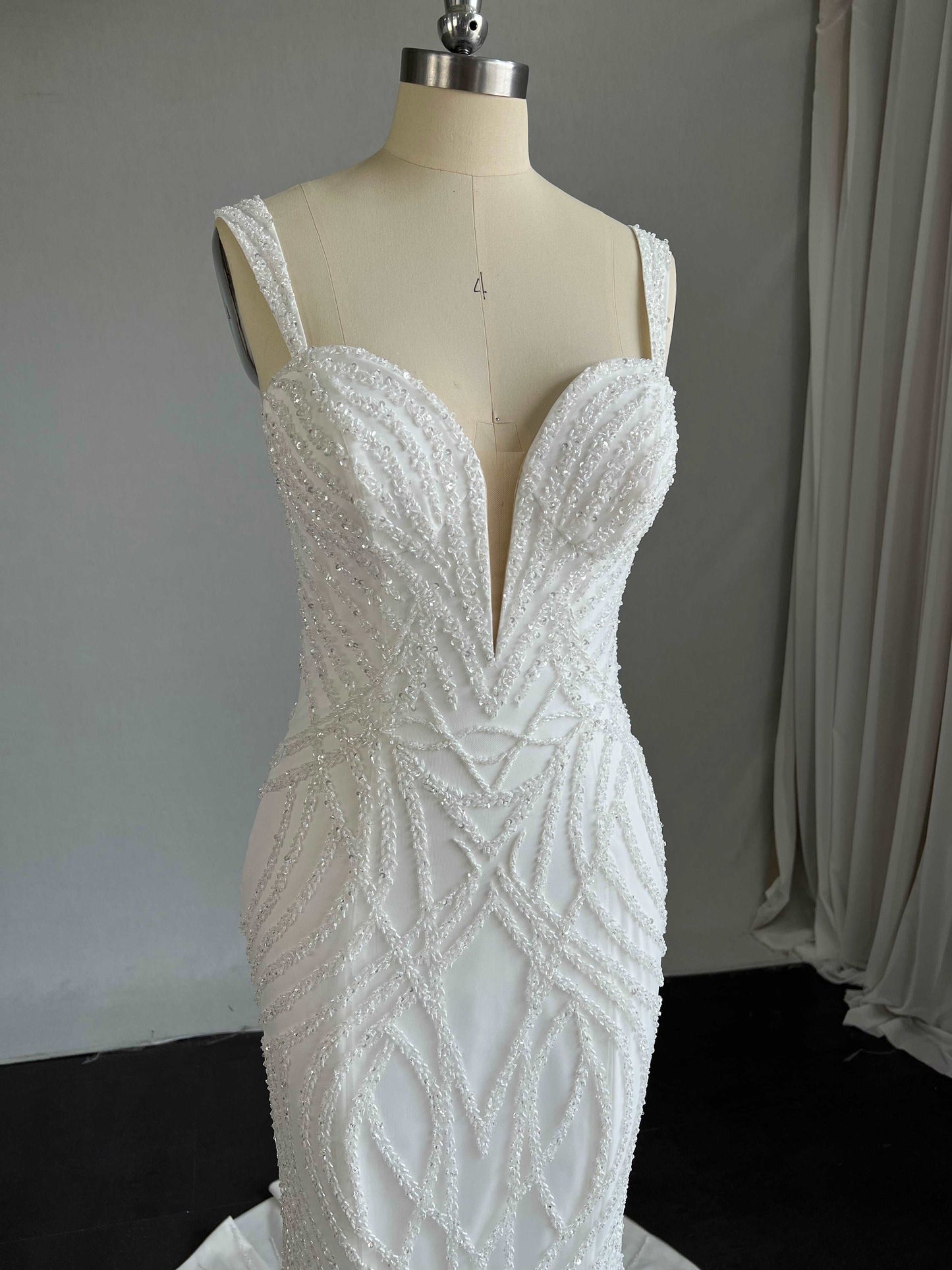 Plunge Neckline Beaded Crepe Fit & Flare Wedding Dress Amelia