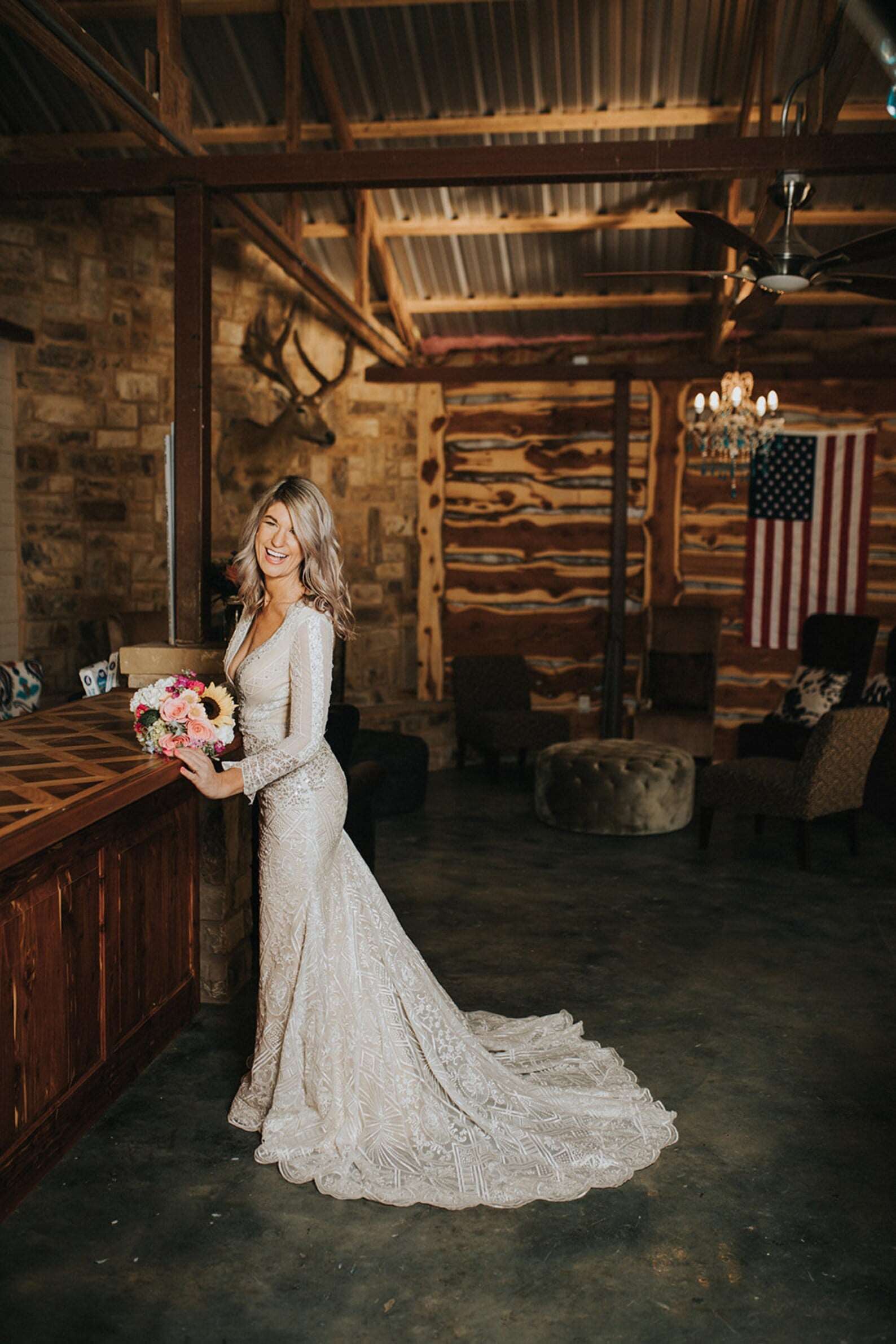 Plunge Neckline Beaded Lace Fit & Flare Wedding Dress | Shop A.Cherie Light Ivory / US16 Plunge Neckline Beaded Lace Fit & Flare Wedding Dress | Shop A.Cherie Light Ivory / US16