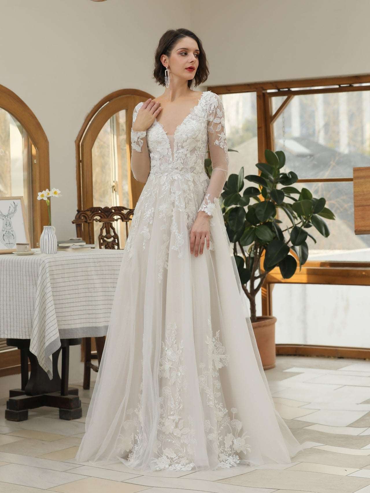 Plunge Neckline Sequin Floral Lace A-Line Wedding Dress | Shop A.Cherie Light Ivory / US8 Plunge Neckline Sequin Floral Lace A-Line Wedding Dress | Shop A.Cherie Light Ivory / US8