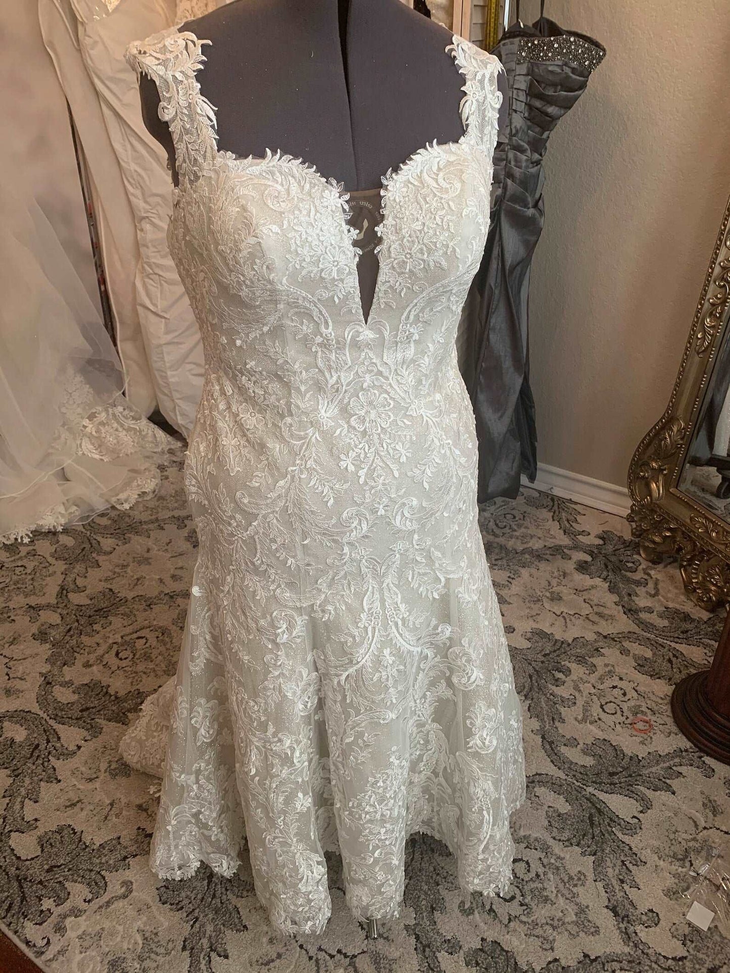 Plunging Floral Lace Glitter Trumpet Wedding Dress Charlotte