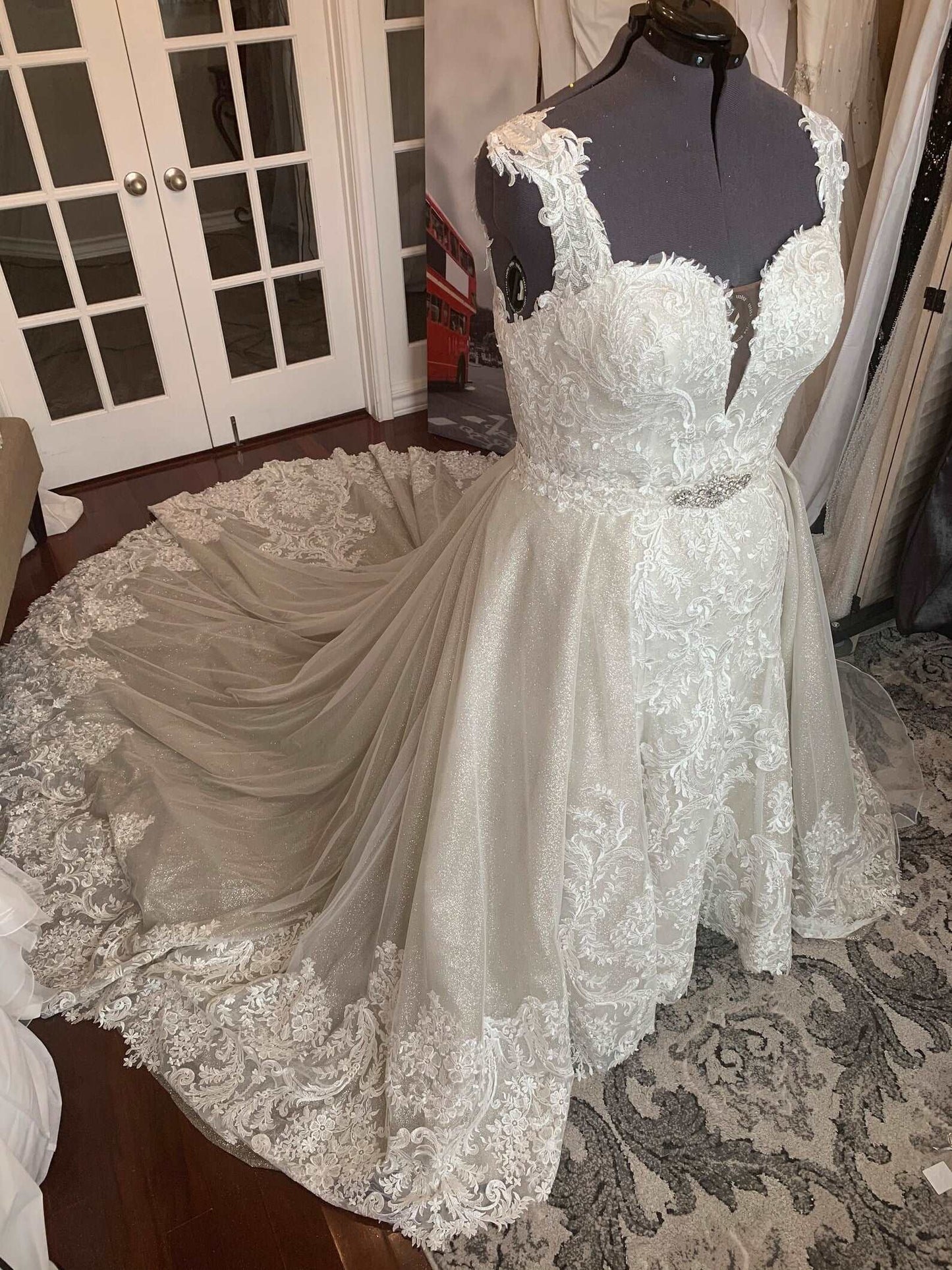 Plunging Floral Lace Glitter Trumpet Wedding Dress Charlotte