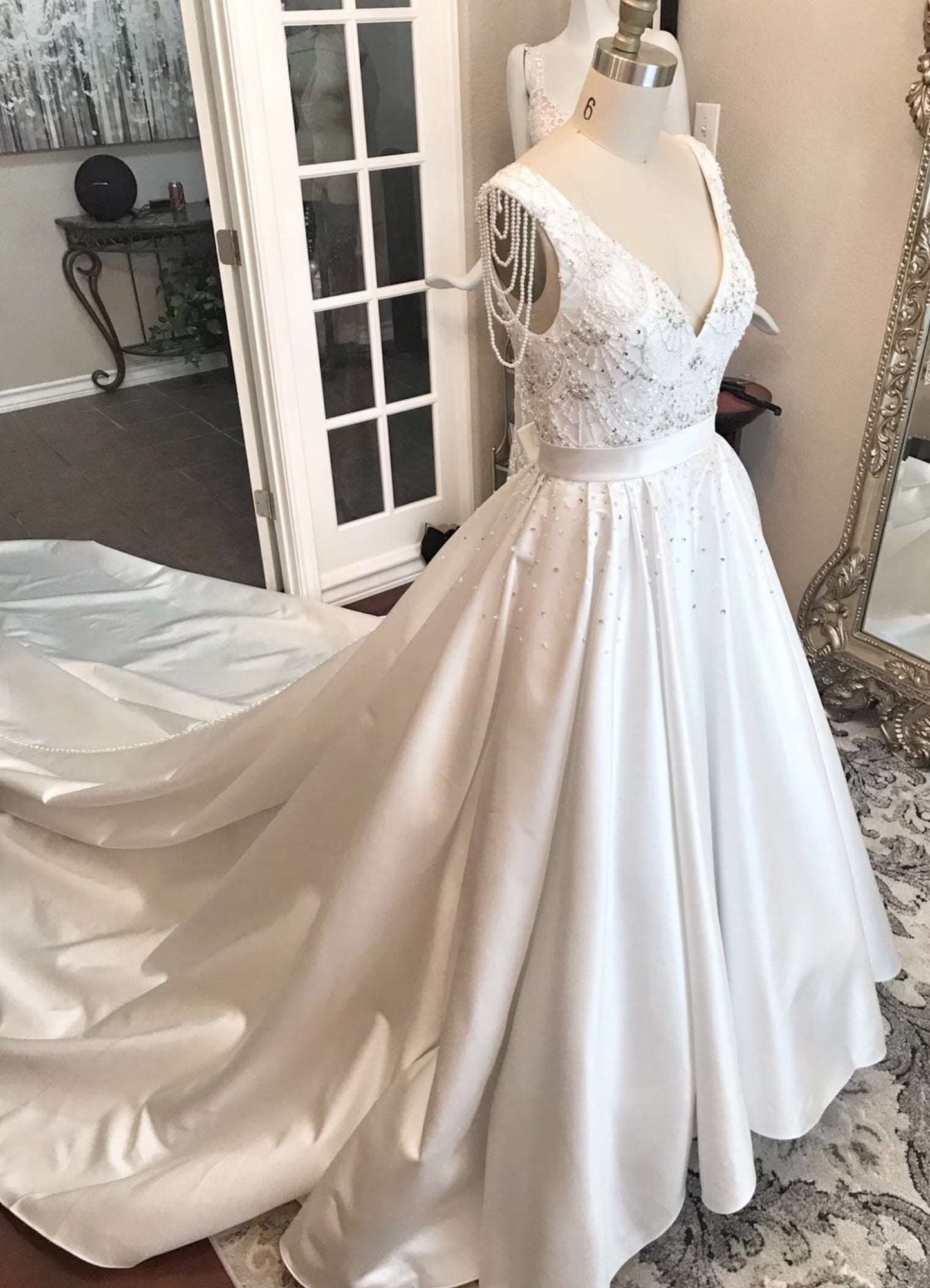 Satin Beaded Pearl Detailing Full A-Line Wedding Dress Teal