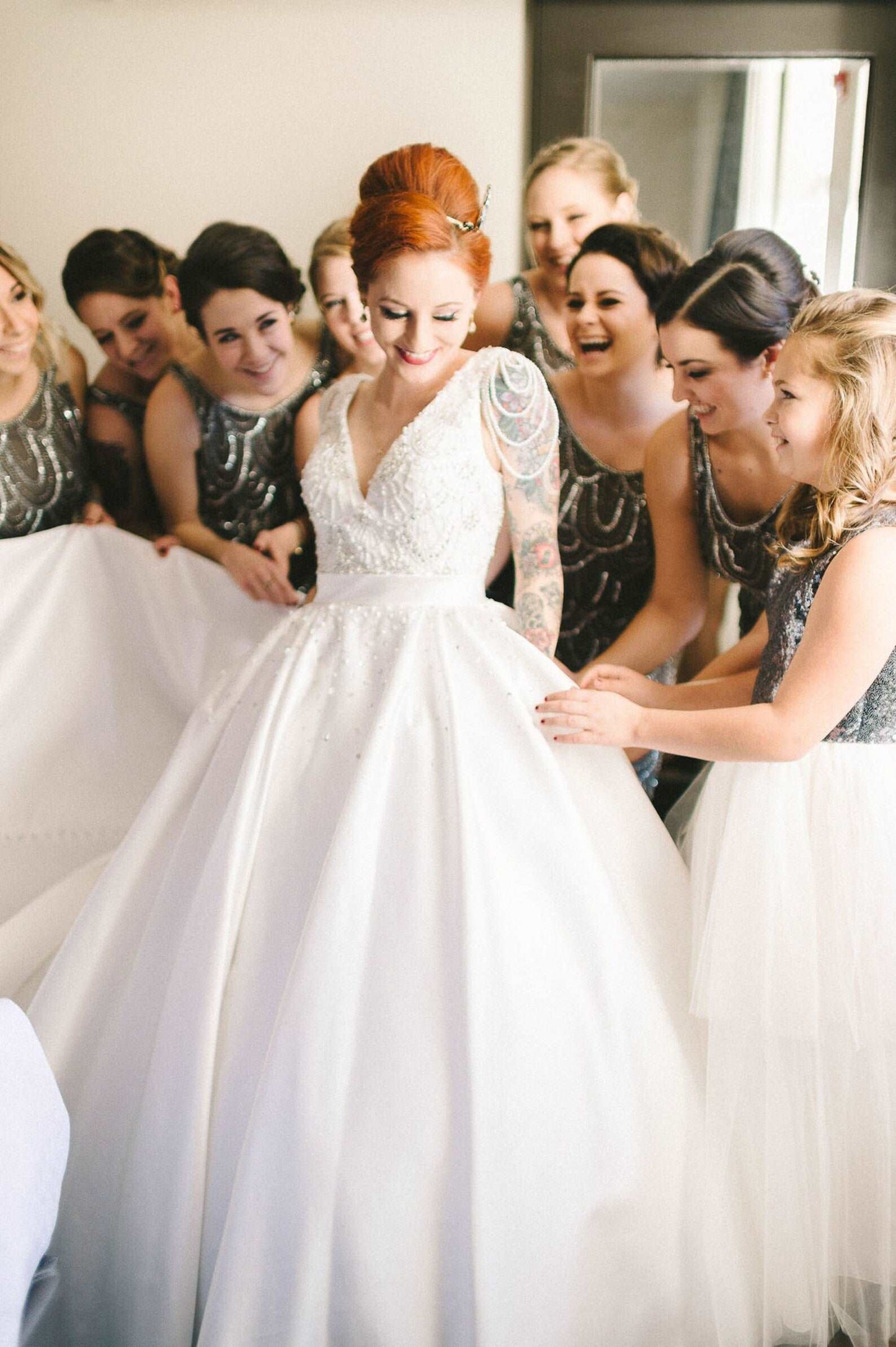 Satin Beaded Pearl Detailing Full A-Line Wedding Dress Teal