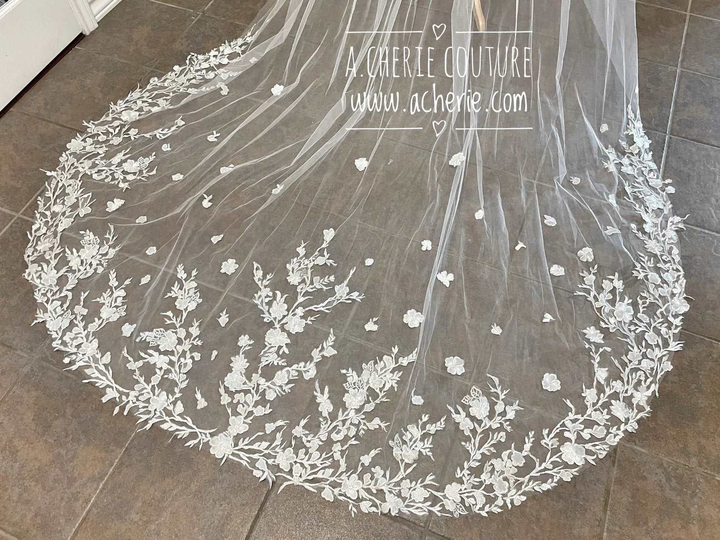 Floral & Leaf Lace Chapel Veil - A.Cherie Couture Shop