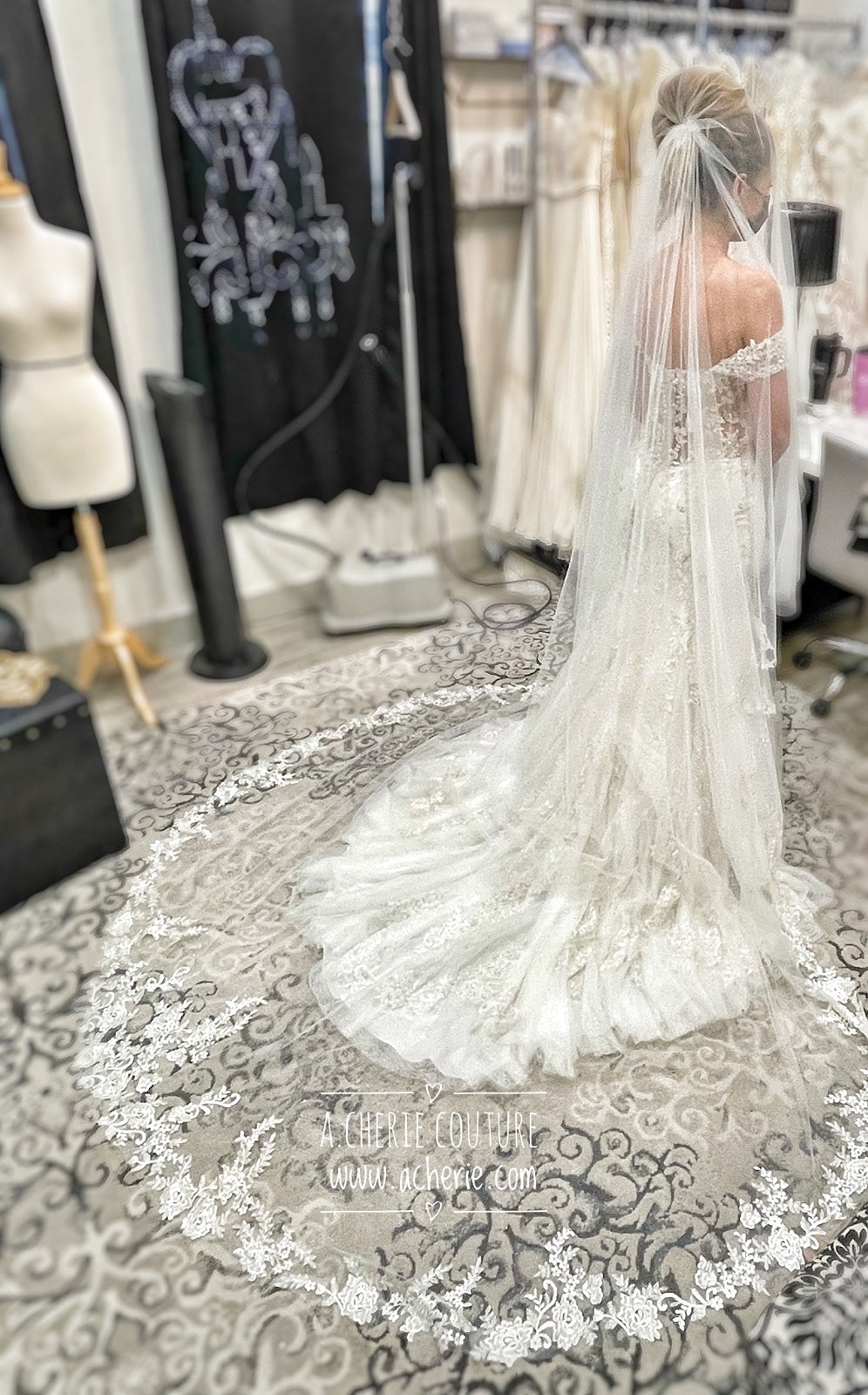 Style CHV05 Sequin Floral Lace Chapel Veil - A.Cherie Couture Shop