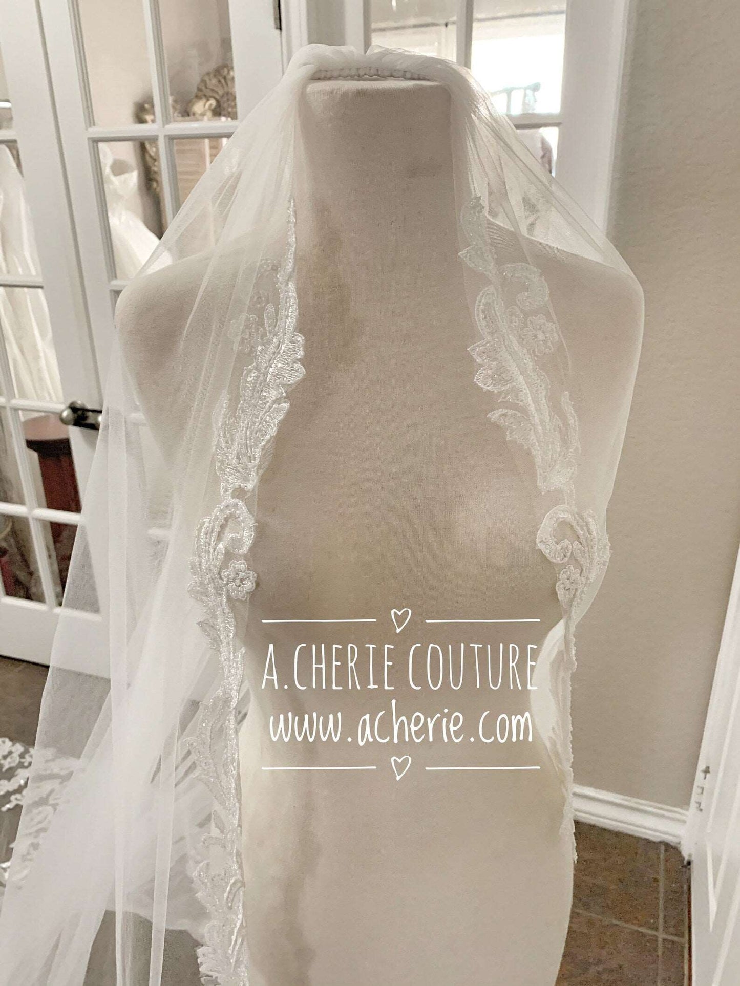 Beaded & Sequin Scroll Lace Cathedral Veil - A.Cherie Couture Shop