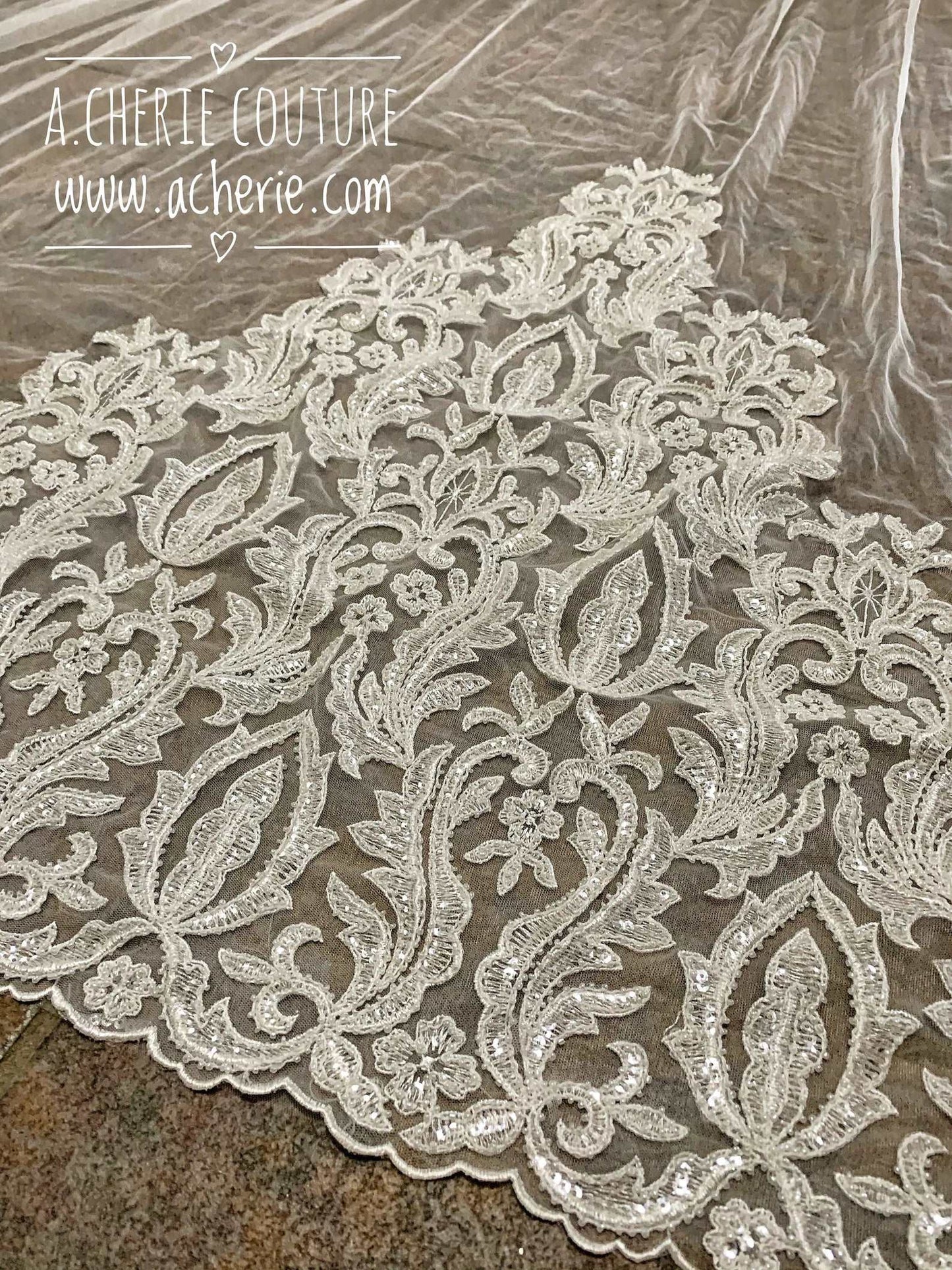 Beaded & Sequin Scroll Lace Cathedral Veil - A.Cherie Couture Shop