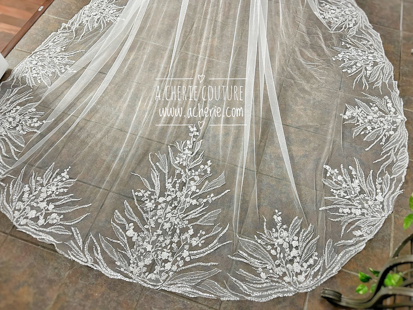 Style RV35 Mixed Beads & Sequin Floral Lace Royal Veil - A.Cherie Couture Shop
