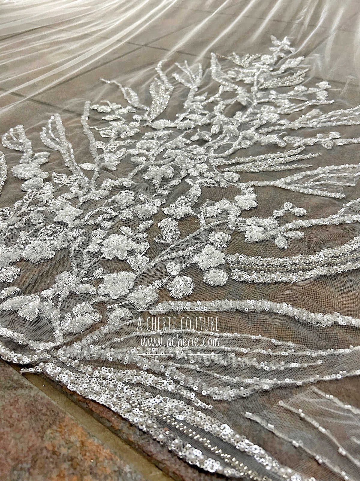 Style RV35 Mixed Beads & Sequin Floral Lace Royal Veil - A.Cherie Couture Shop