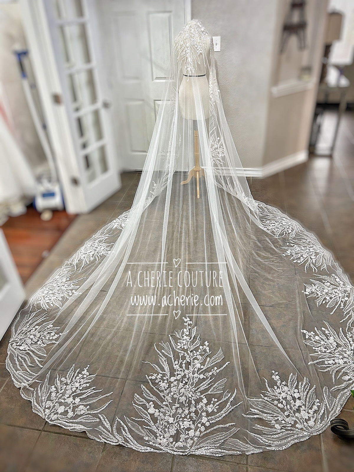 Style RV35 Mixed Beads & Sequin Floral Lace Royal Veil - A.Cherie Couture Shop