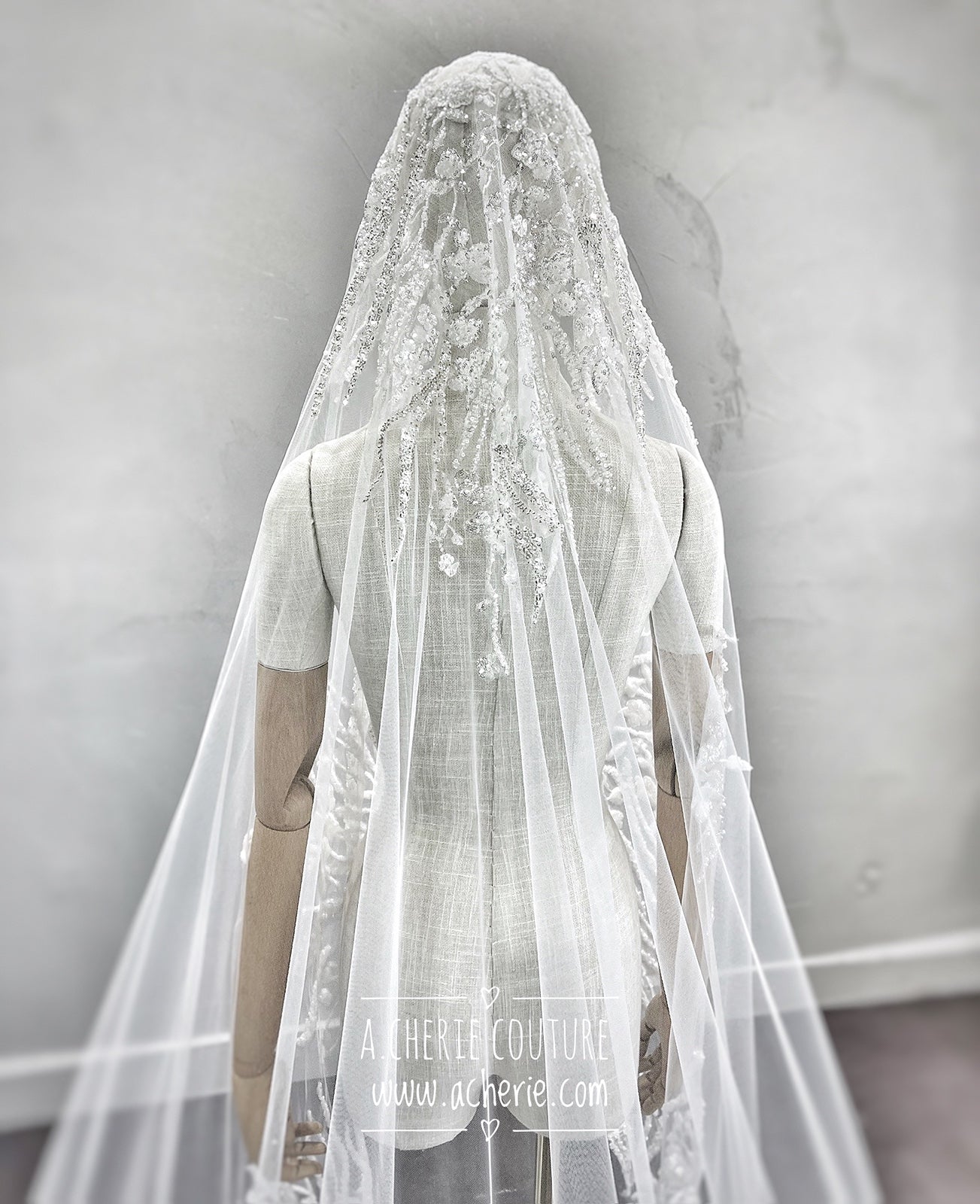 Style RV35 Mixed Beads & Sequin Floral Lace Royal Veil - A.Cherie Couture Shop
