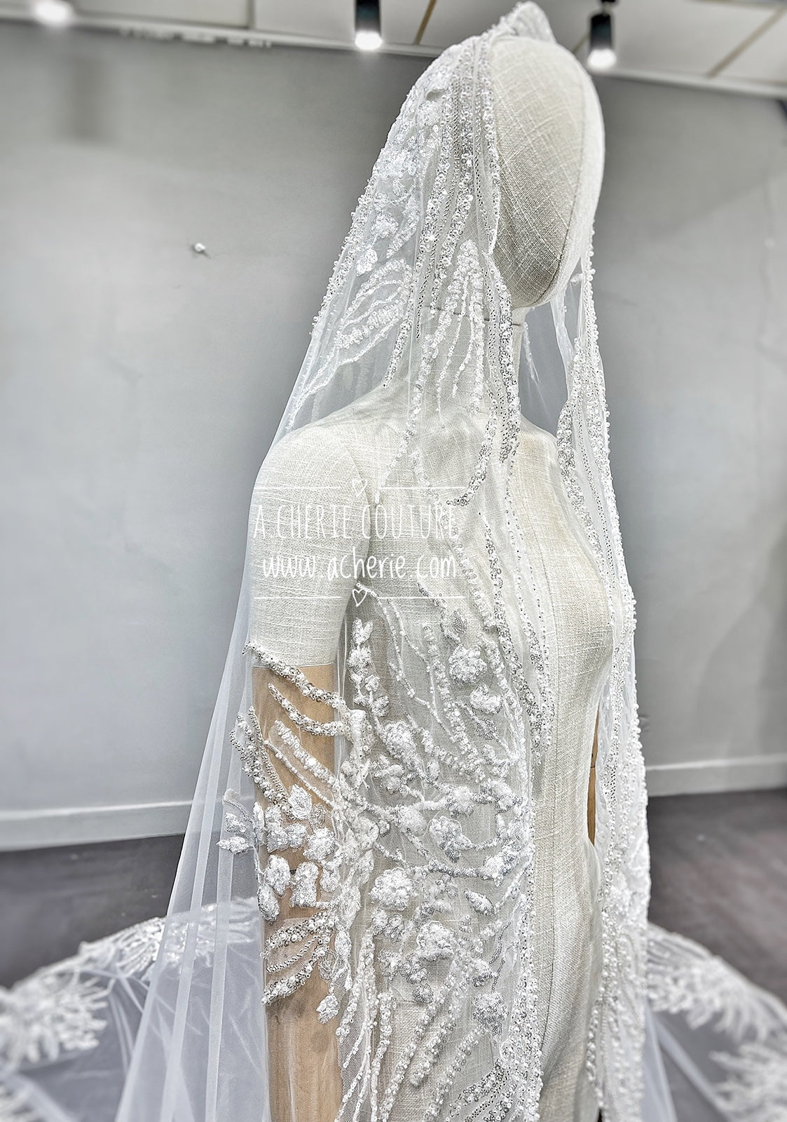 Style RV35 Mixed Beads & Sequin Floral Lace Royal Veil - A.Cherie Couture Shop