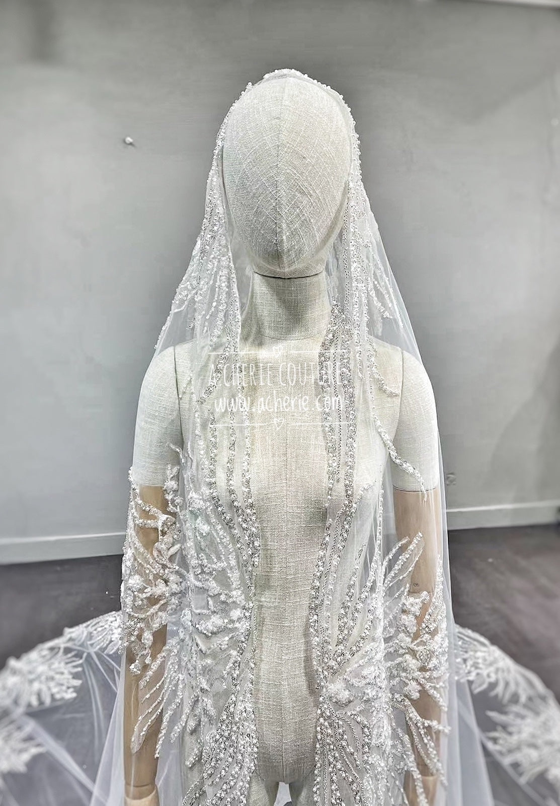 Style RV35 Mixed Beads & Sequin Floral Lace Royal Veil - A.Cherie Couture Shop