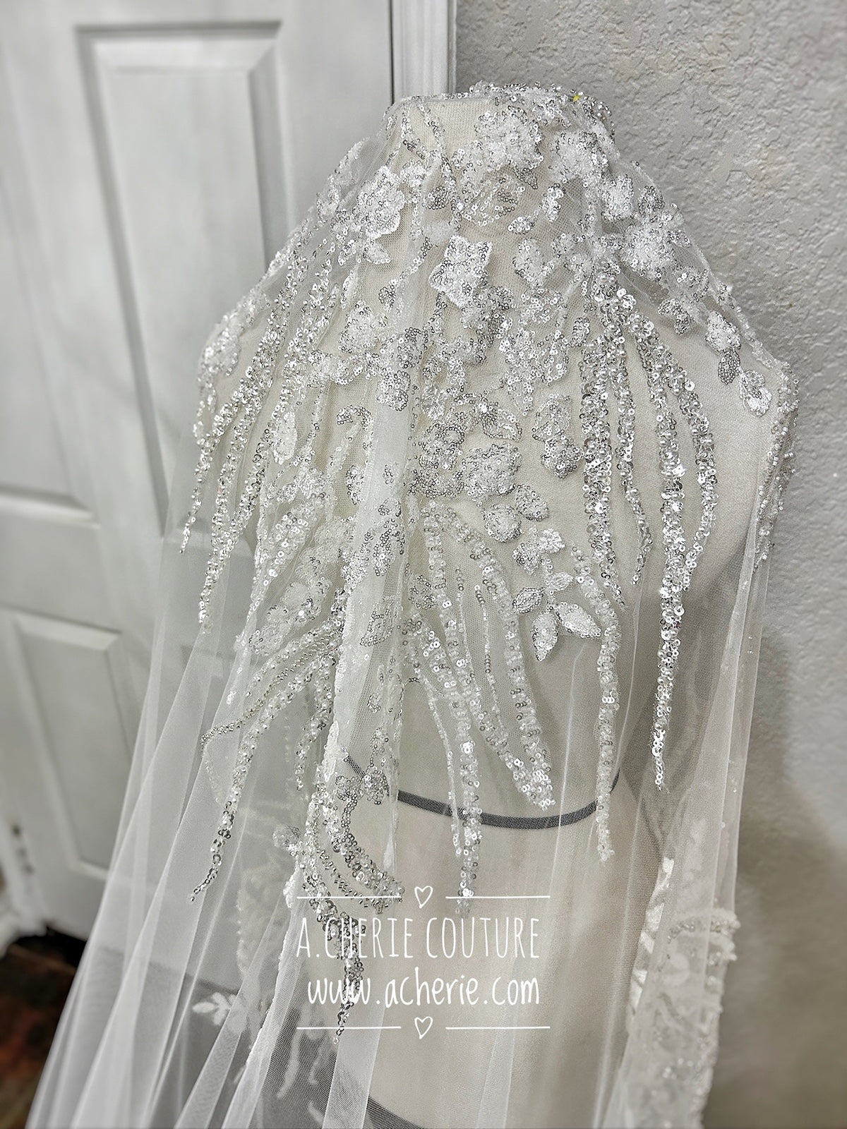 Style RV35 Mixed Beads & Sequin Floral Lace Royal Veil - A.Cherie Couture Shop