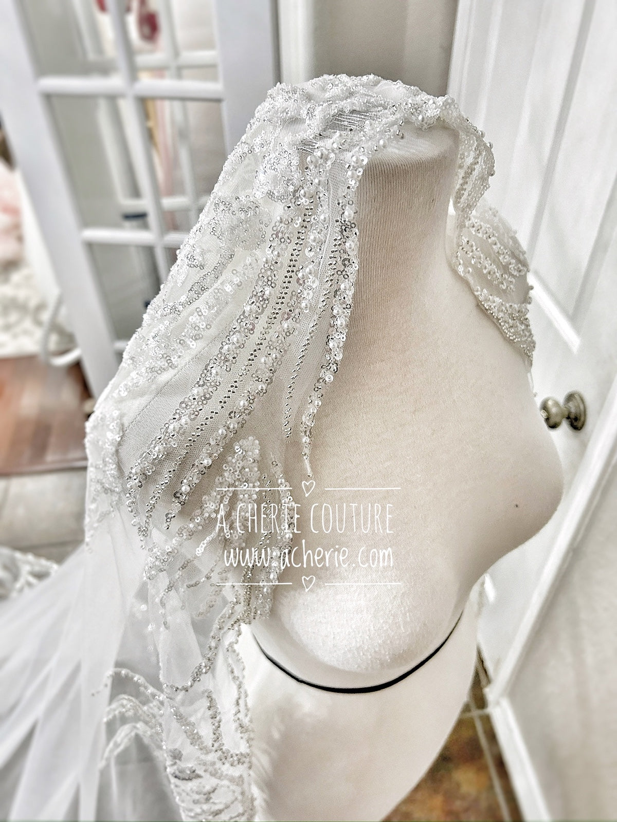 Style RV35 Mixed Beads & Sequin Floral Lace Royal Veil - A.Cherie Couture Shop
