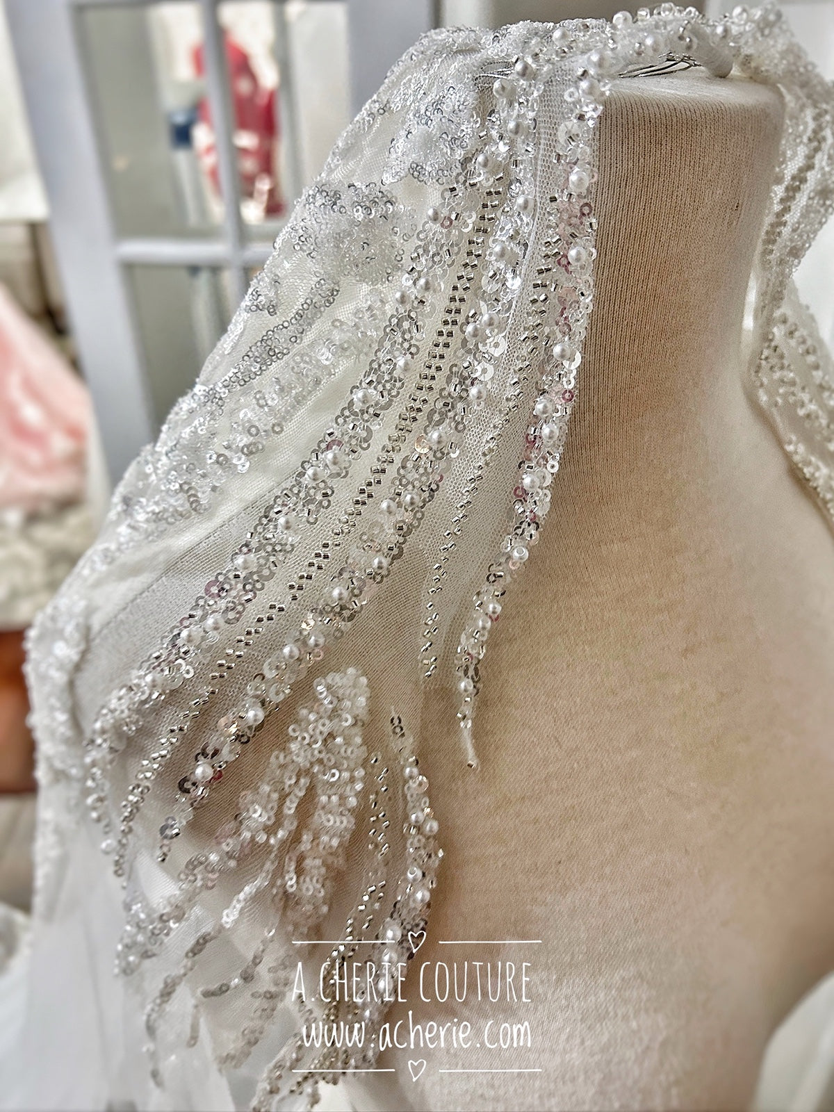 Style RV35 Mixed Beads & Sequin Floral Lace Royal Veil - A.Cherie Couture Shop