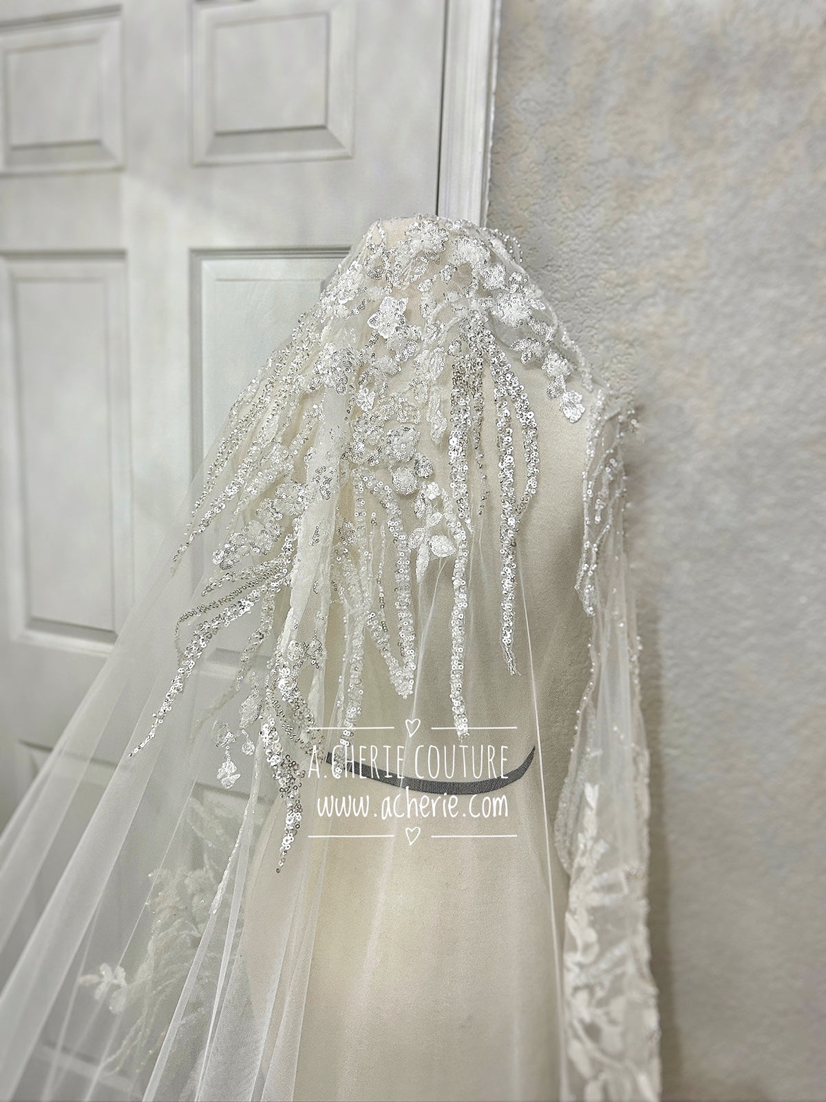 Style RV35 Mixed Beads & Sequin Floral Lace Royal Veil - A.Cherie Couture Shop