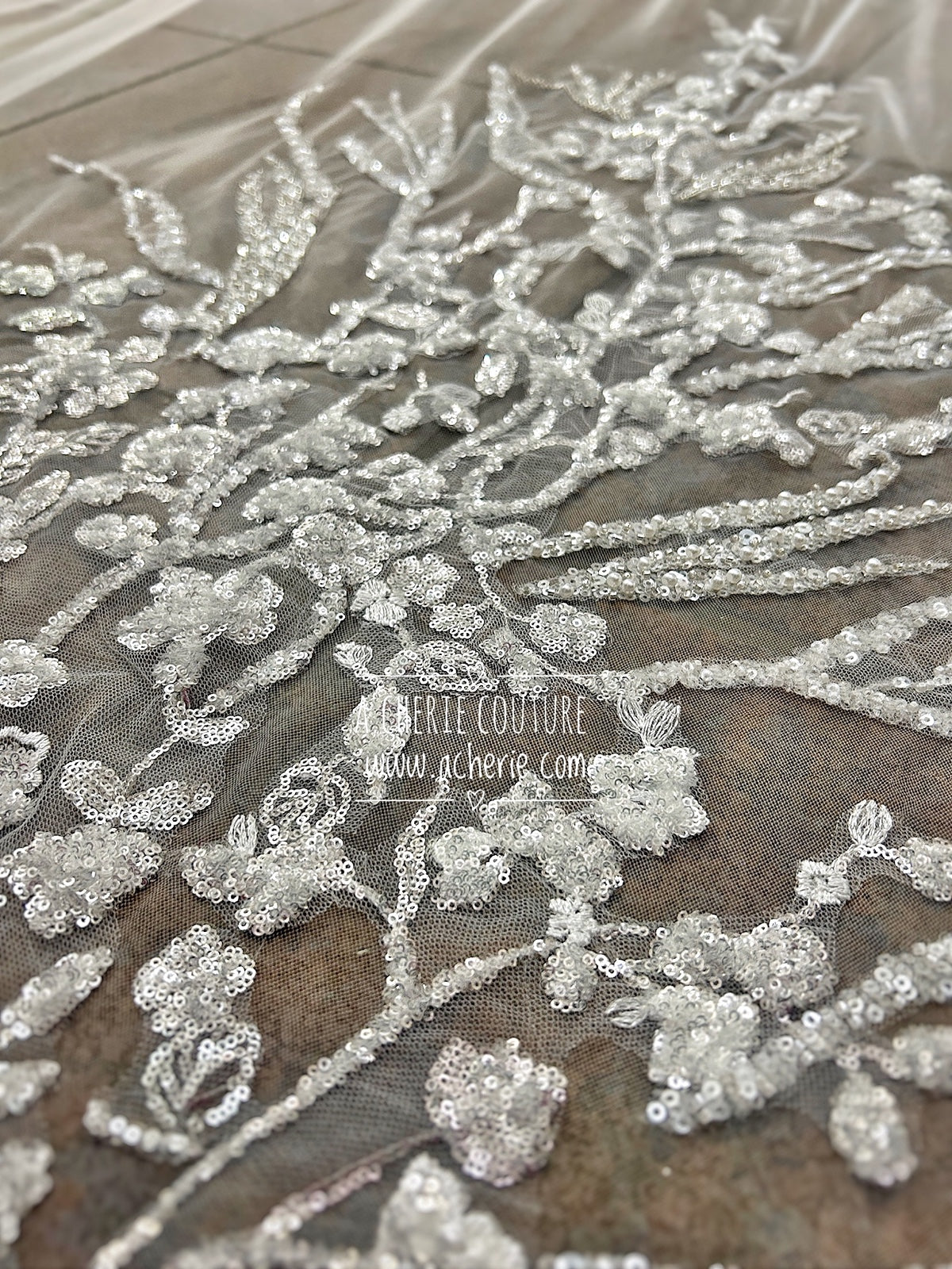 Style RV35 Mixed Beads & Sequin Floral Lace Royal Veil - A.Cherie Couture Shop