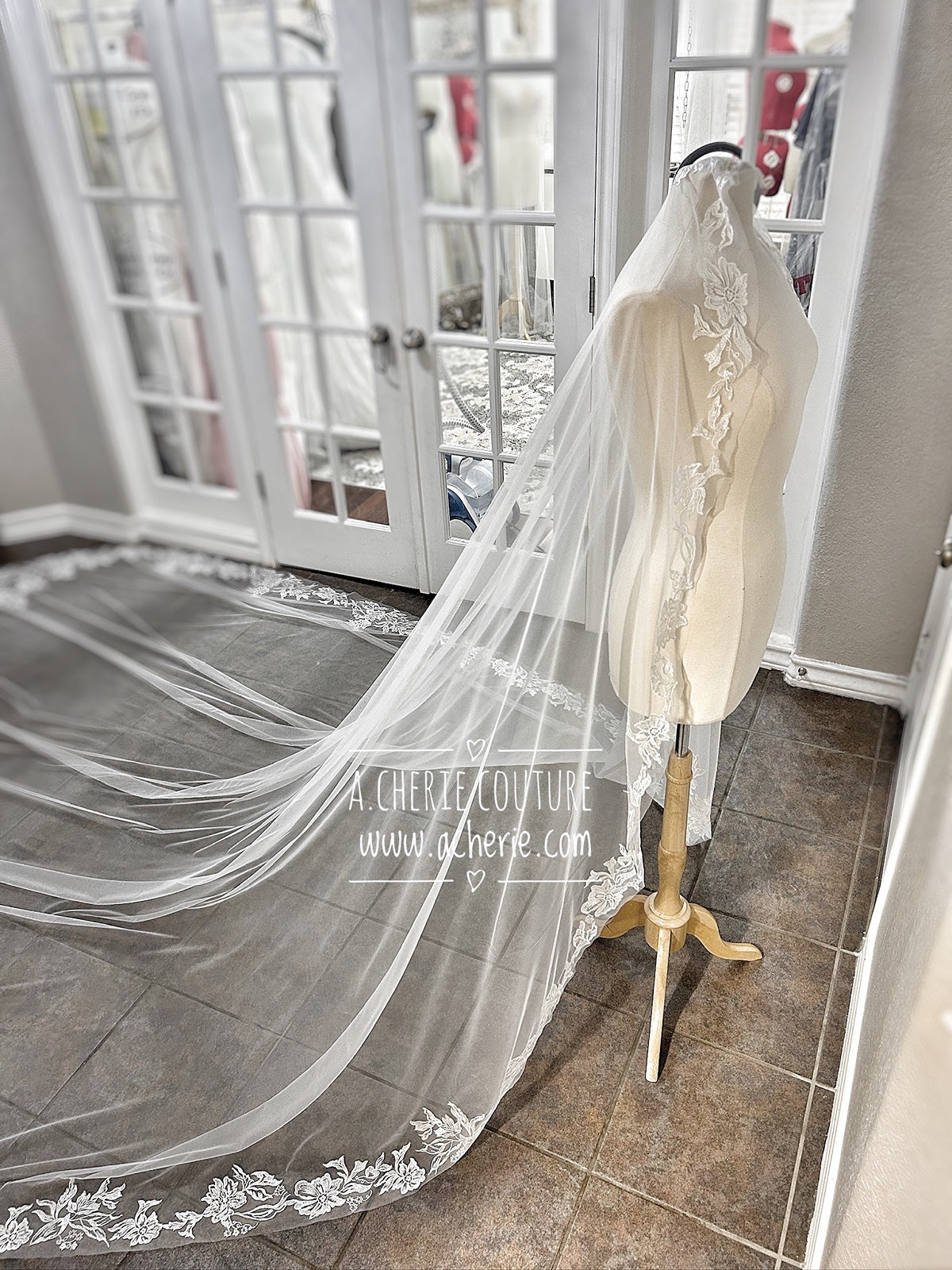 Style CV34 Embroidered Floral Lace Edge Cathedral Veil - A.Cherie Couture Shop