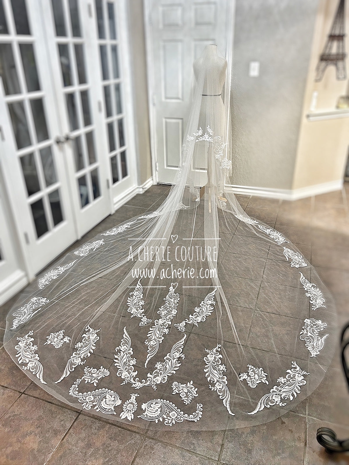 Style CV35 Floral Scroll Lace Cathedral Veil - A.Cherie Couture Shop