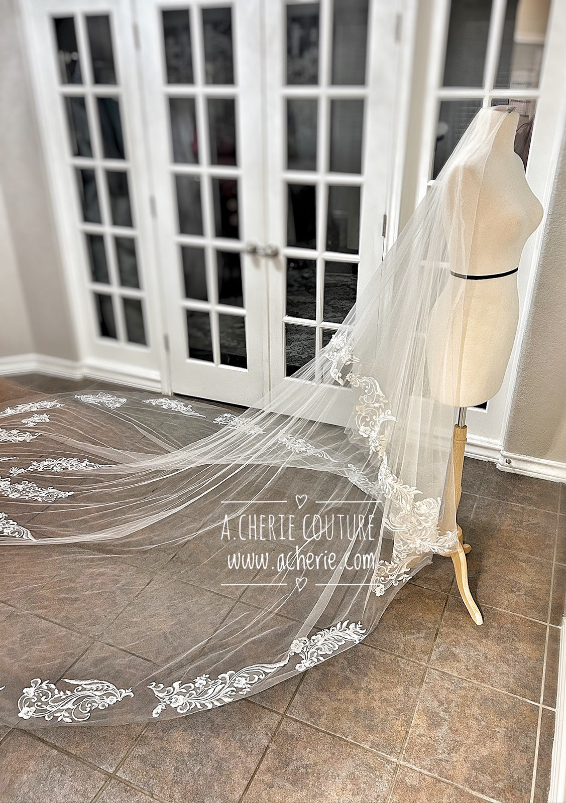 Style CV35 Floral Scroll Lace Cathedral Veil - A.Cherie Couture Shop