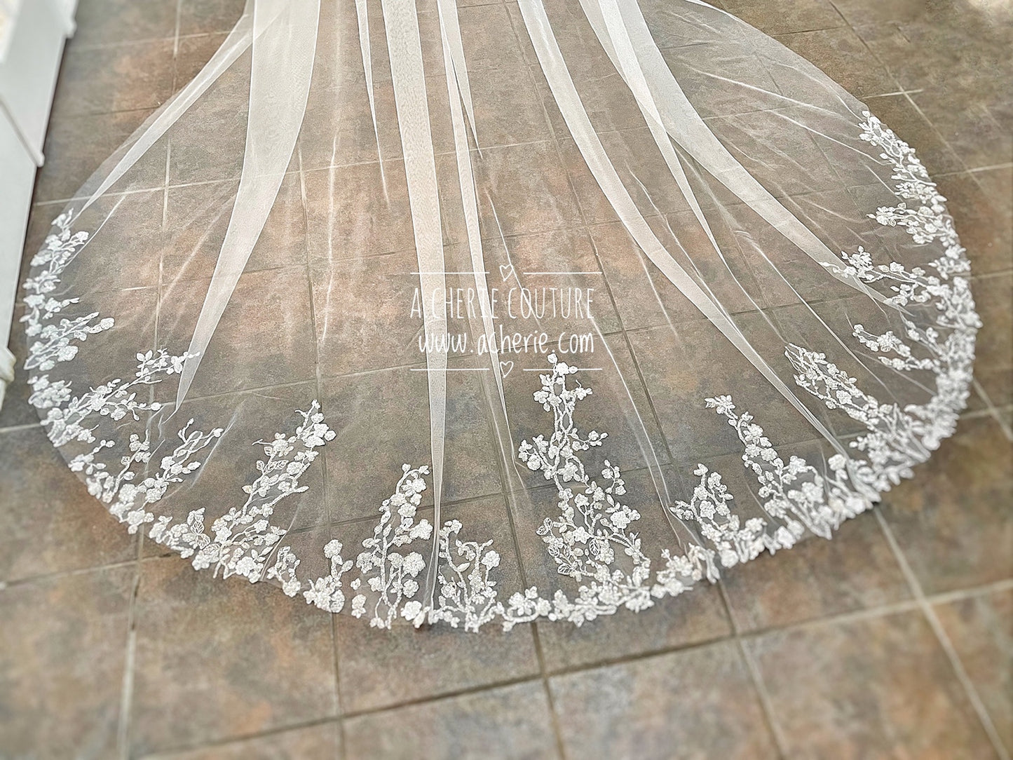 Style CV37 Sequin Floral Lace Cathedral Veil - A.Cherie Couture Shop