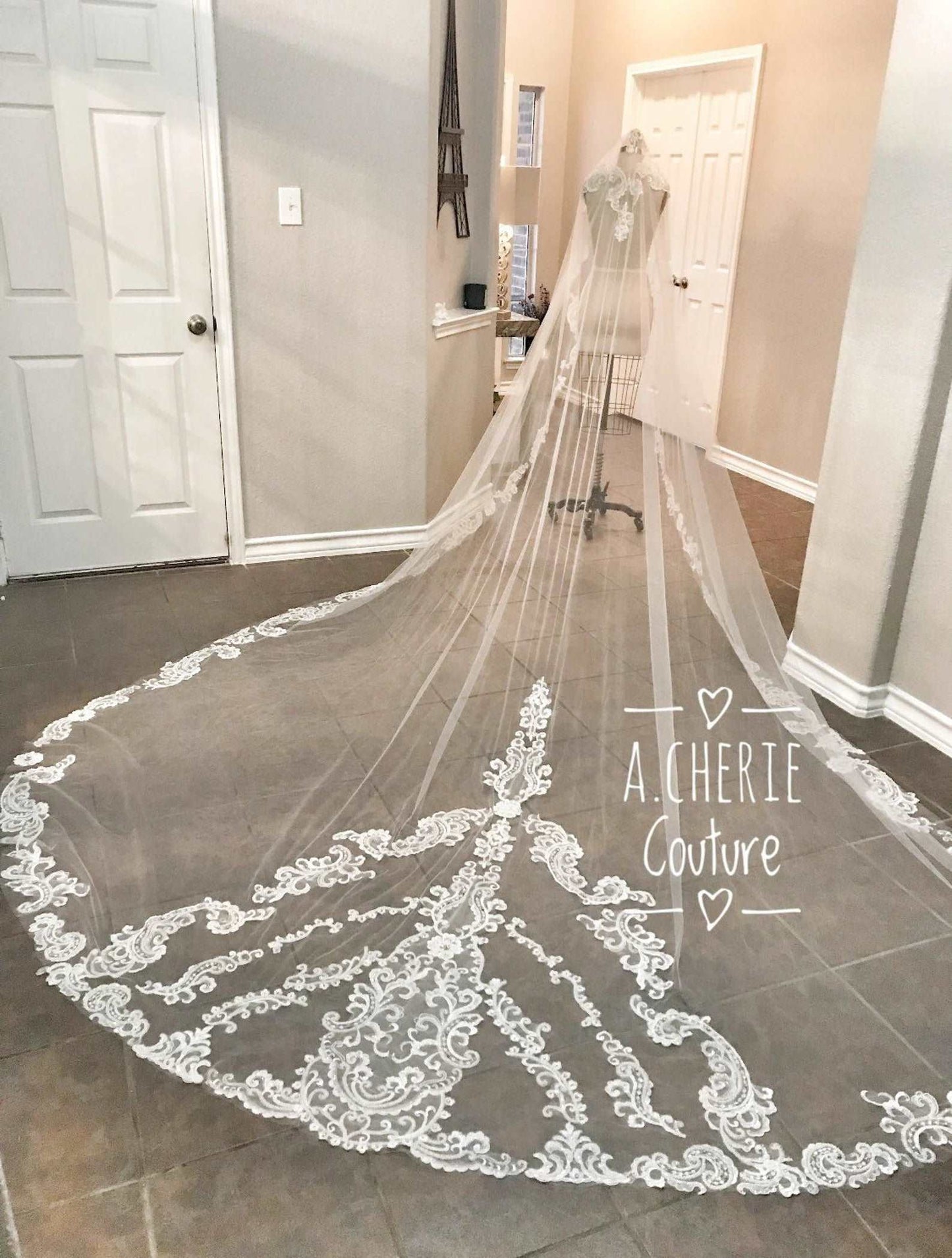 Beaded Scroll Lace Royal Veil - A.Cherie Couture Shop