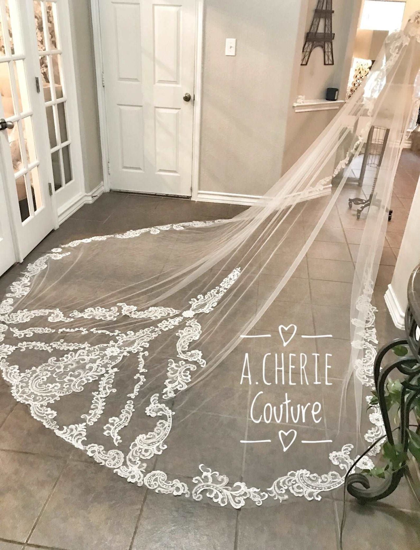 Beaded Scroll Lace Royal Veil - A.Cherie Couture Shop