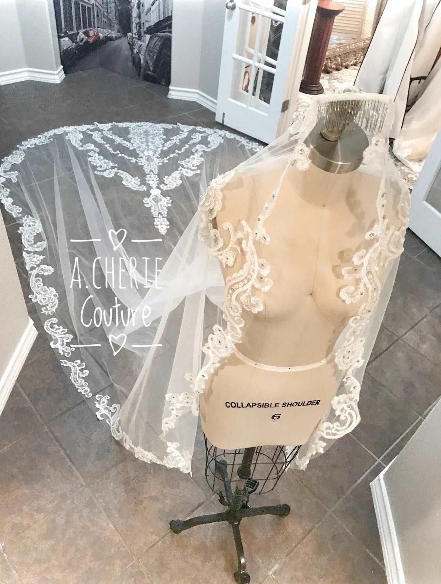 Beaded Scroll Lace Royal Veil - A.Cherie Couture Shop