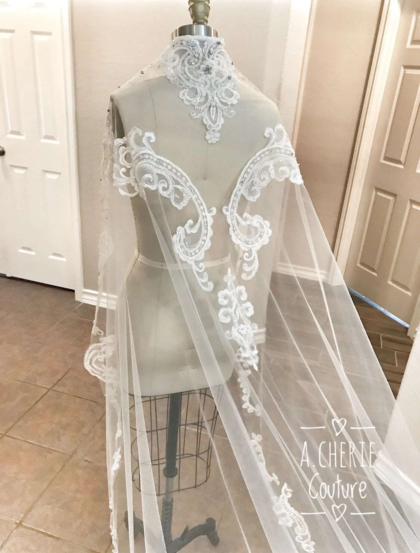 Beaded Scroll Lace Royal Veil - A.Cherie Couture Shop