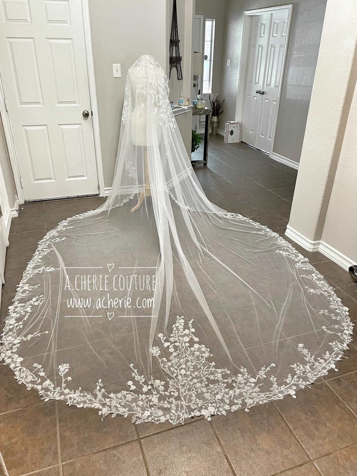 Dense Sequin Floral Vine Lace Royal Veil - A.Cherie Couture Shop
