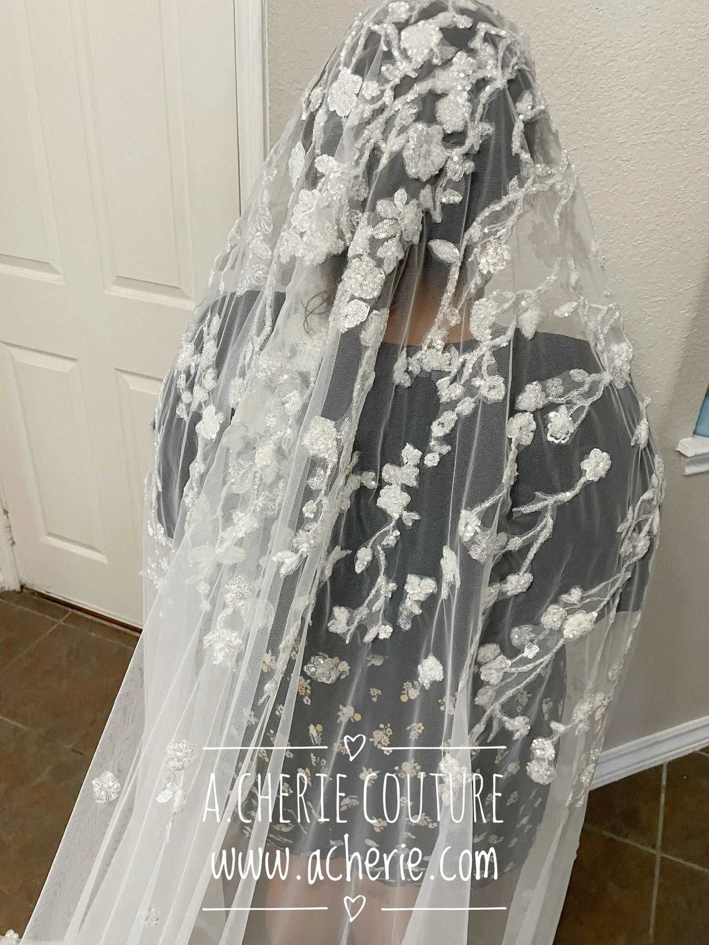 Dense Sequin Floral Vine Lace Royal Veil - A.Cherie Couture Shop