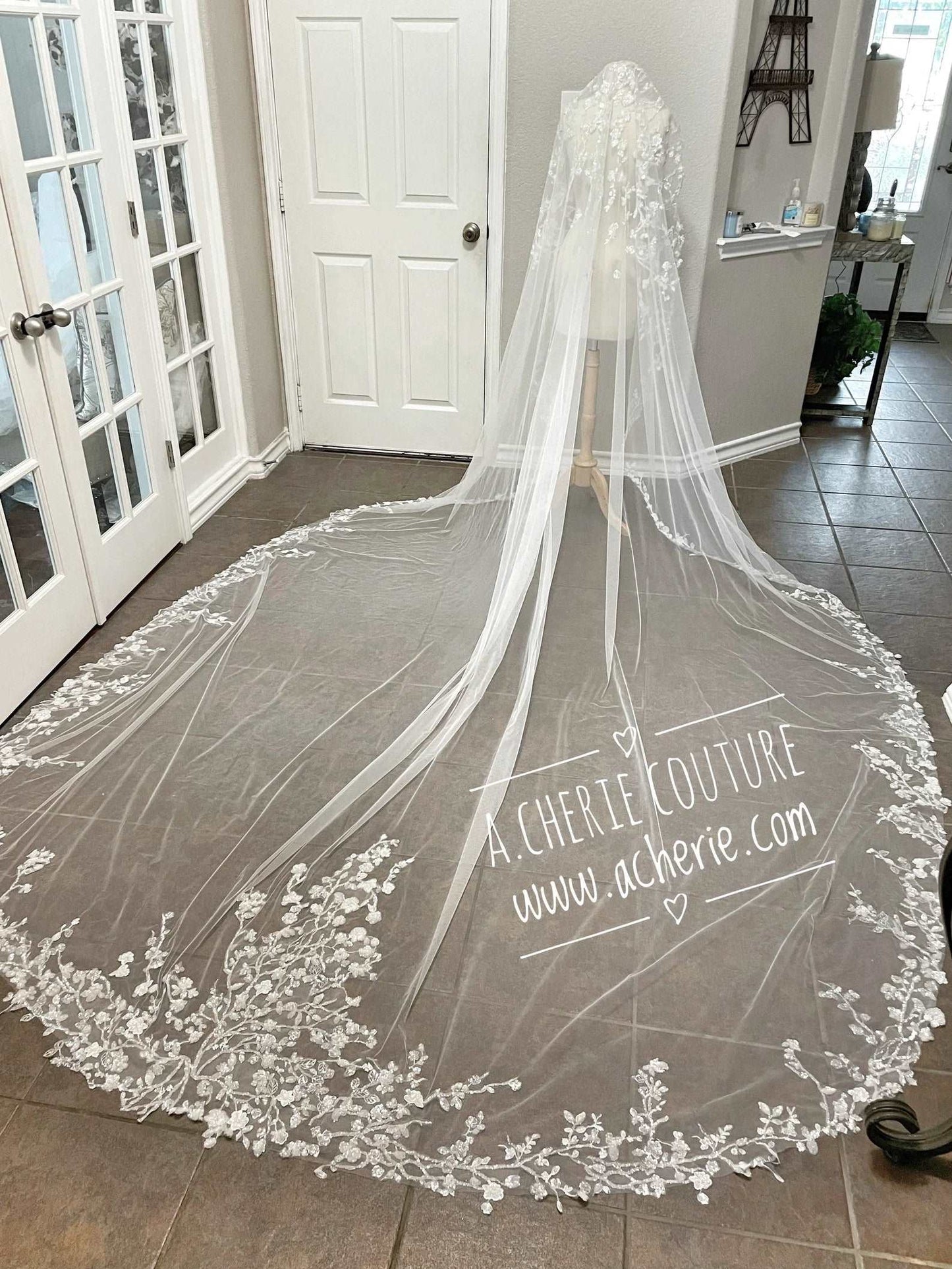 Dense Sequin Floral Vine Lace Royal Veil - A.Cherie Couture Shop