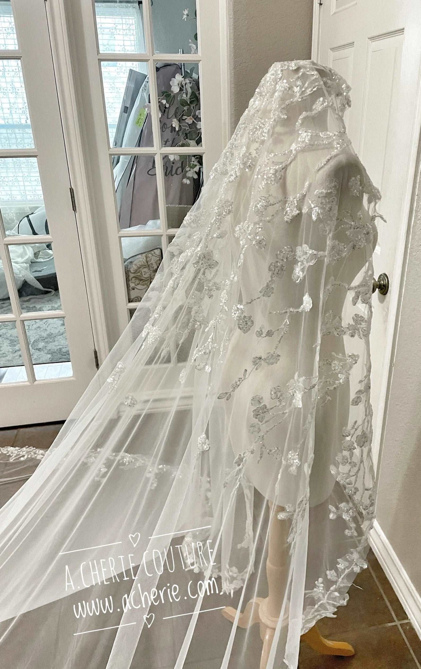Dense Sequin Floral Vine Lace Royal Veil - A.Cherie Couture Shop