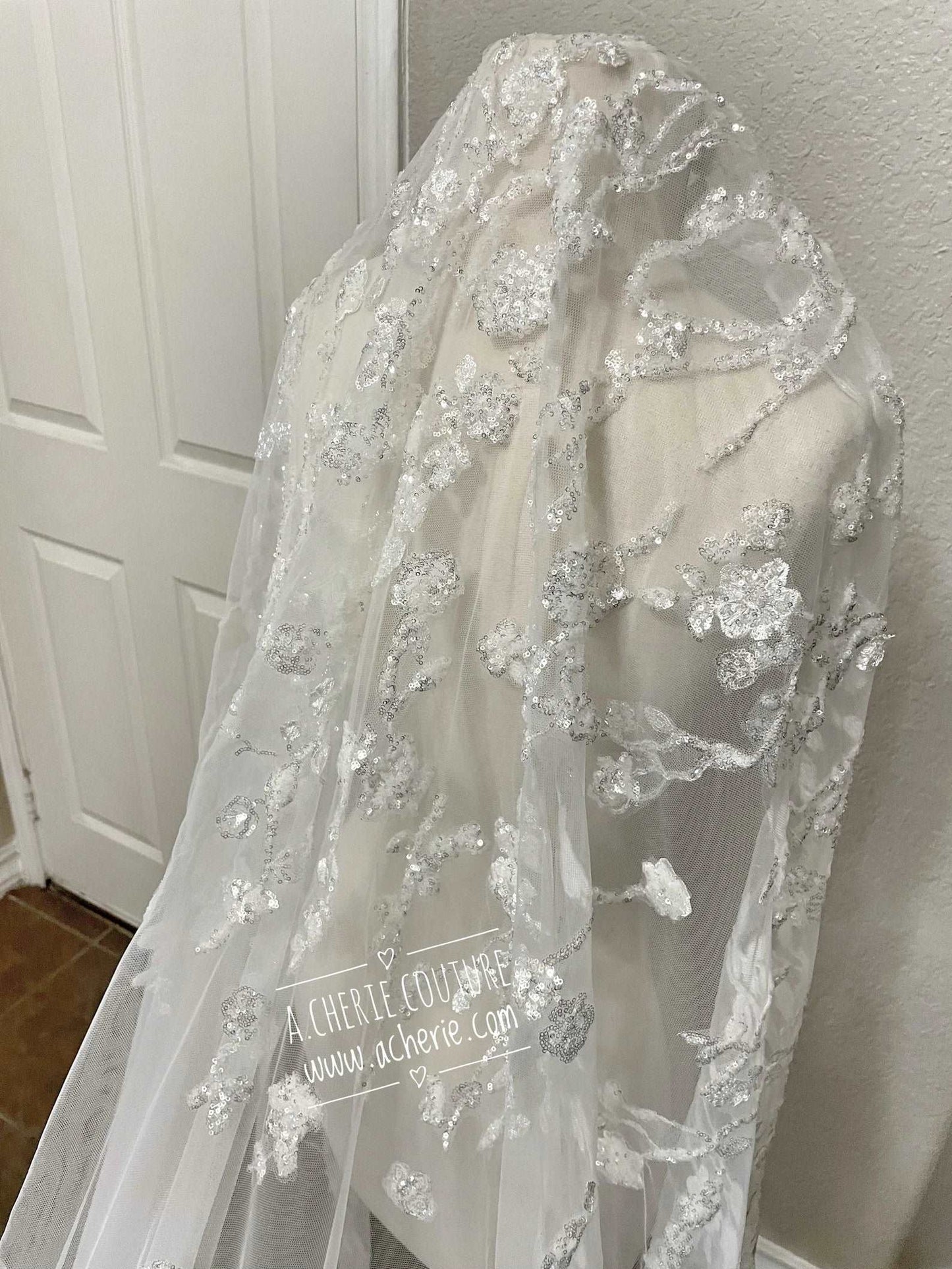 Dense Sequin Floral Vine Lace Royal Veil - A.Cherie Couture Shop