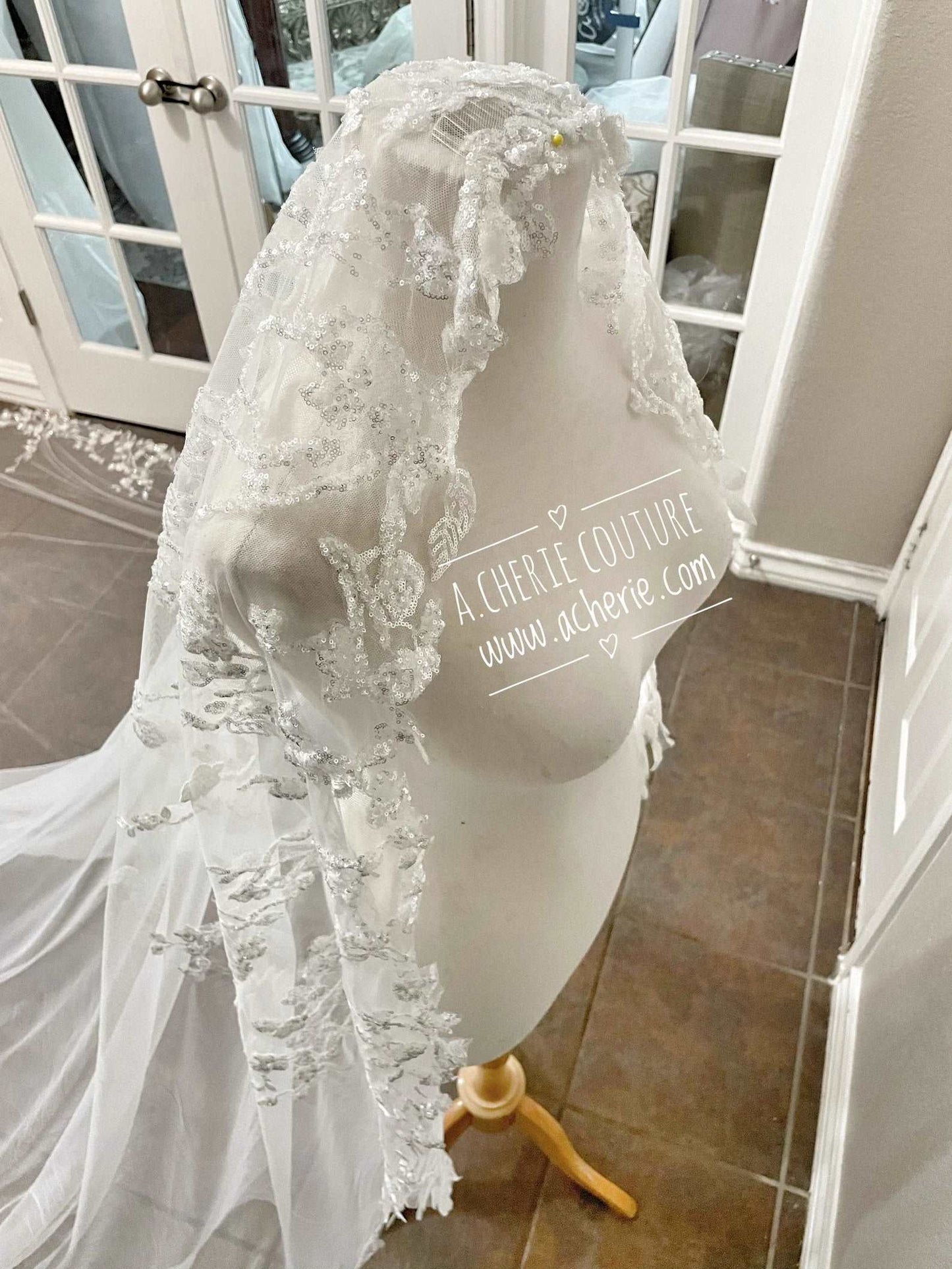 Dense Sequin Floral Vine Lace Royal Veil - A.Cherie Couture Shop