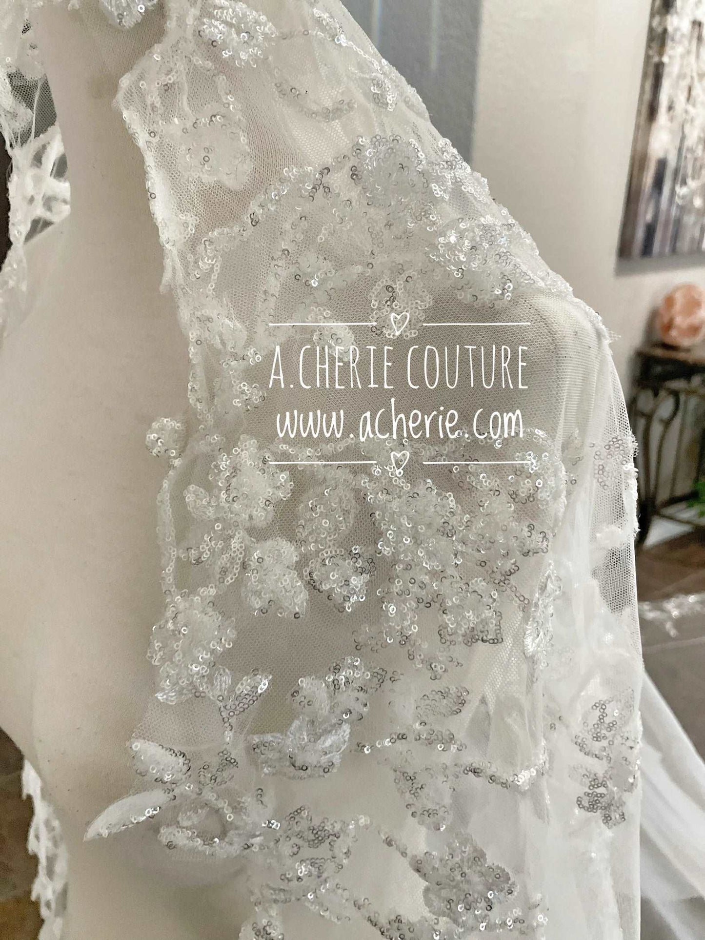 Dense Sequin Floral Vine Lace Royal Veil - A.Cherie Couture Shop