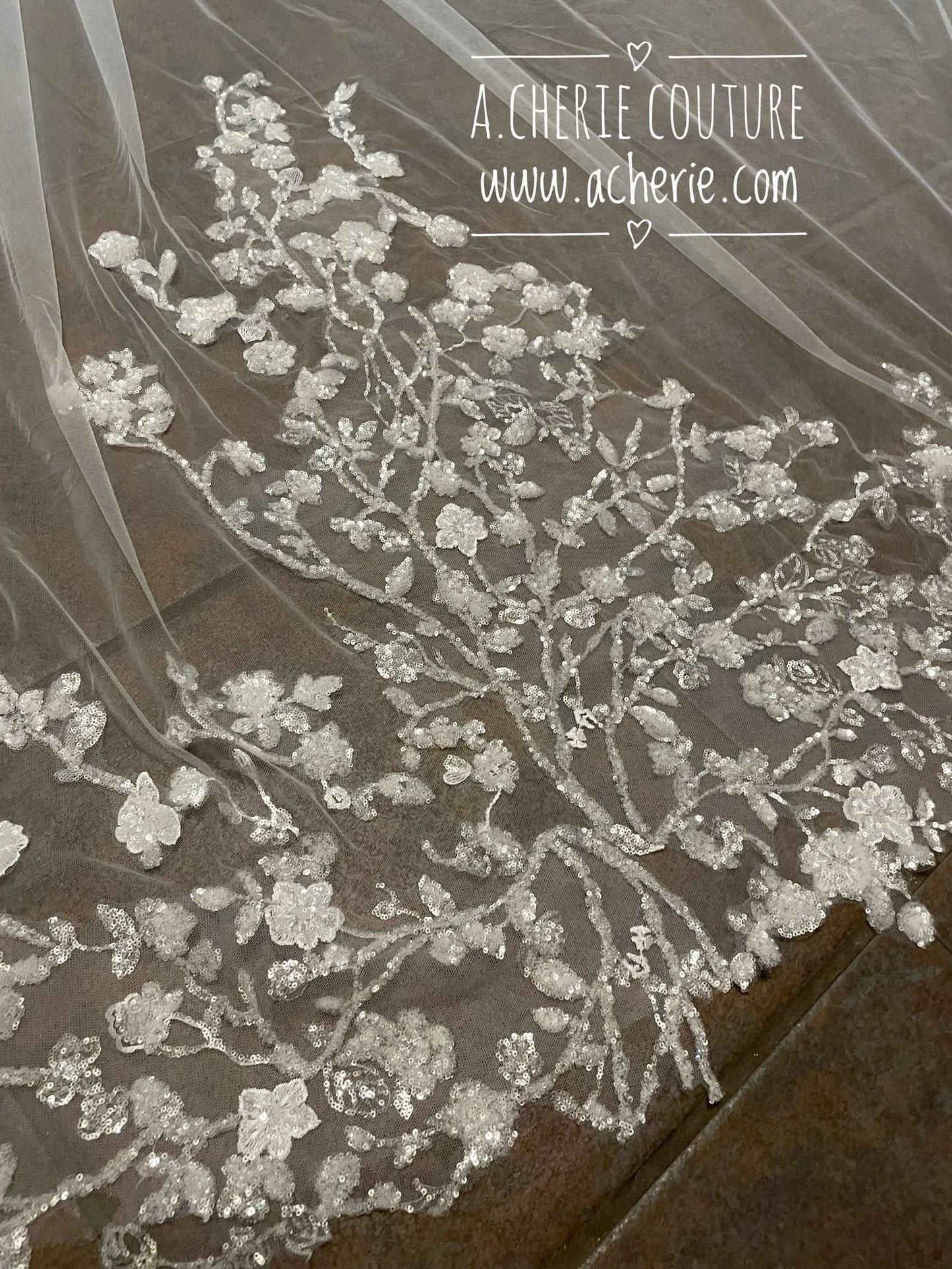 Dense Sequin Floral Vine Lace Royal Veil - A.Cherie Couture Shop