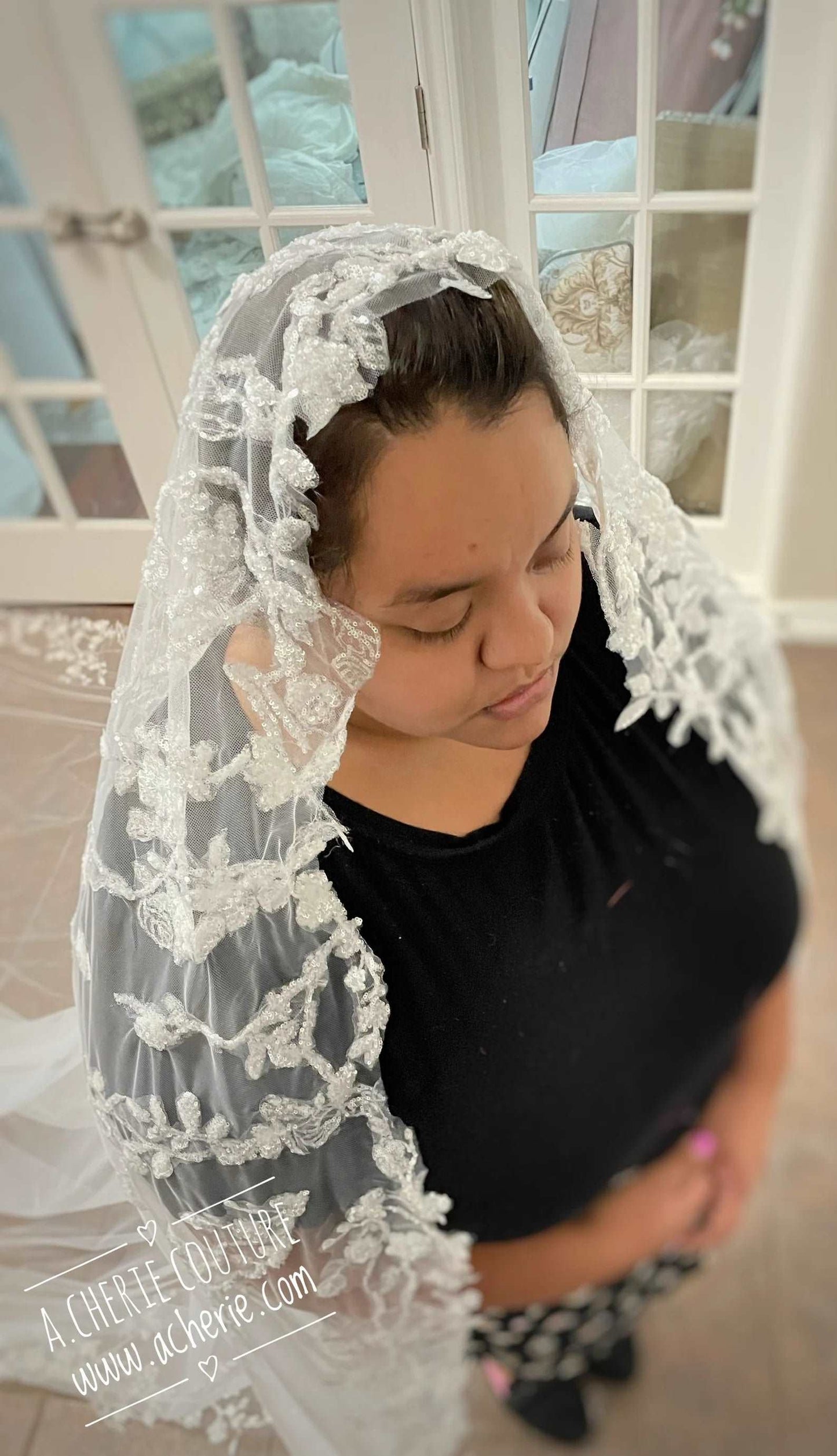 Dense Sequin Floral Vine Lace Royal Veil - A.Cherie Couture Shop