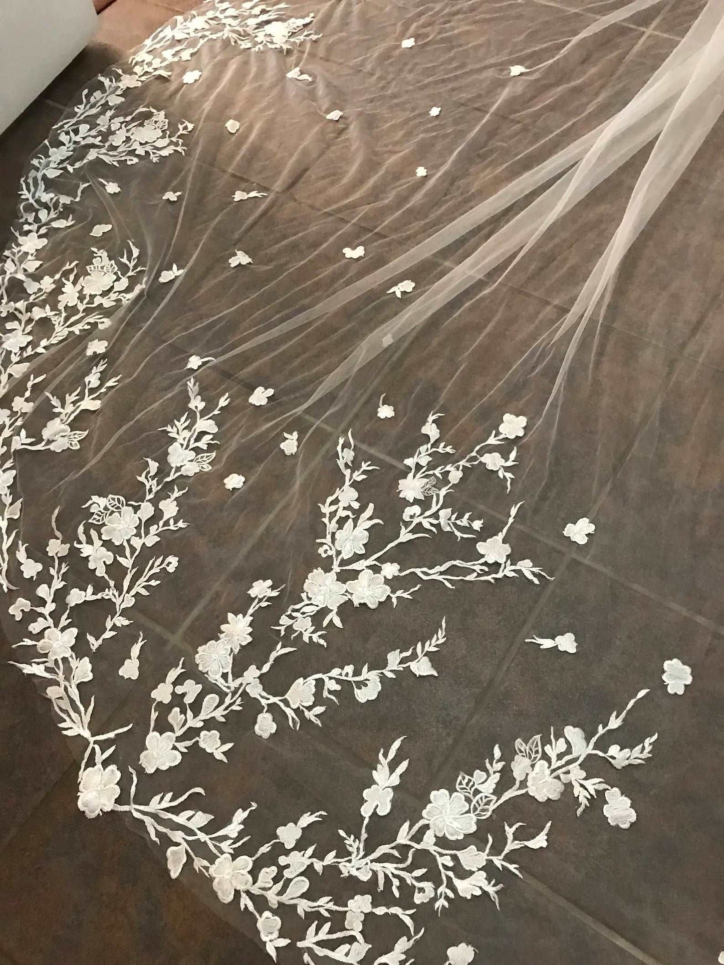 Floral Branch Lace with Scattered Flowers Royal Veil - A.Cherie Couture Shop