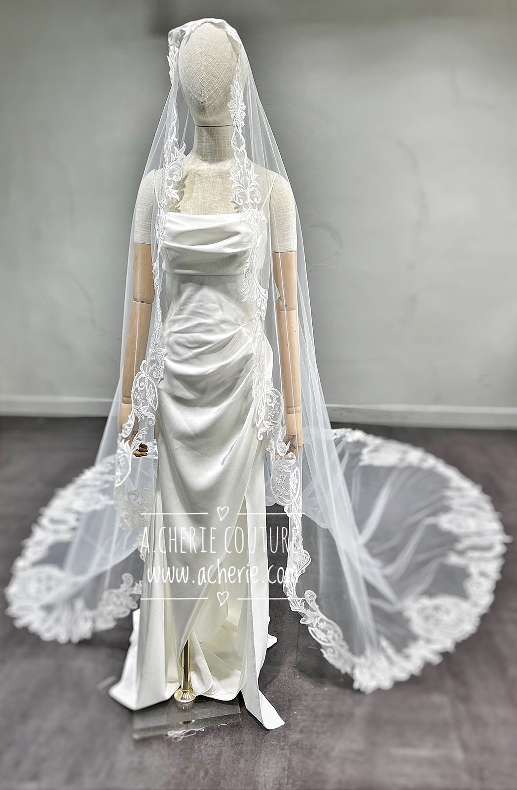 Style RV25 Embroidered Scroll Lace Royal Veil - A.Cherie Couture Shop