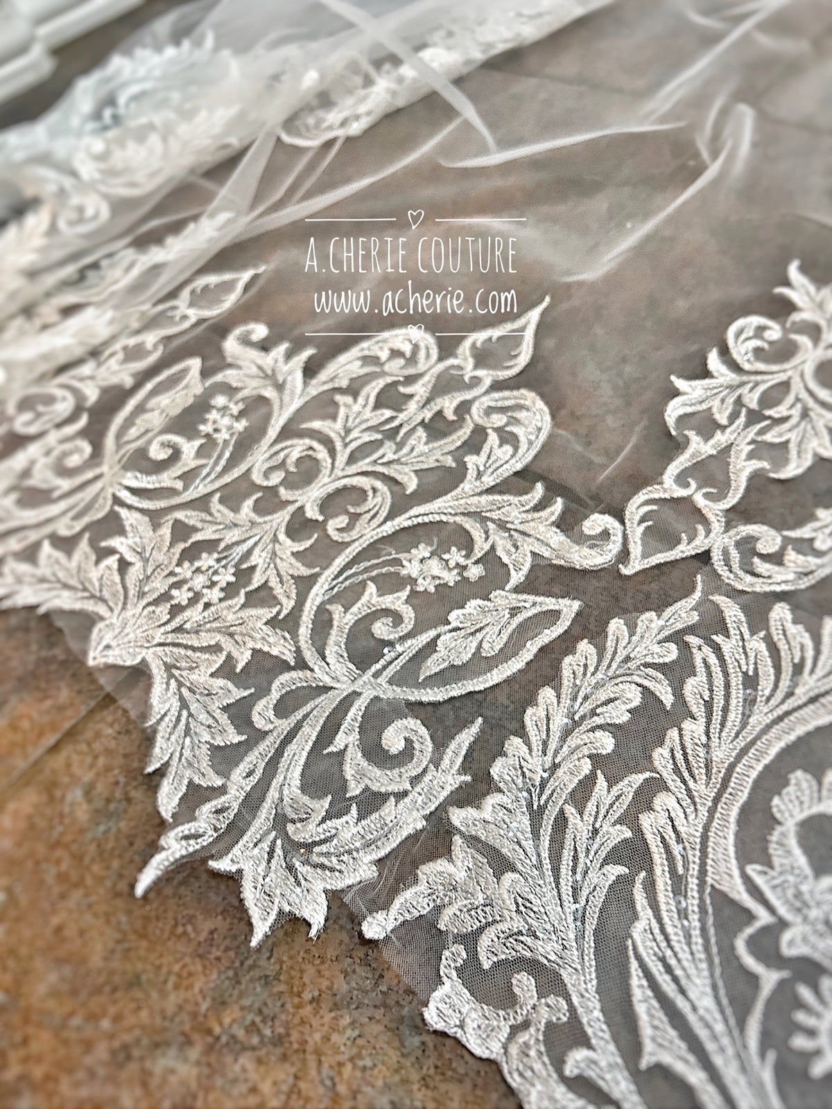 Style RV25 Embroidered Scroll Lace Royal Veil - A.Cherie Couture Shop