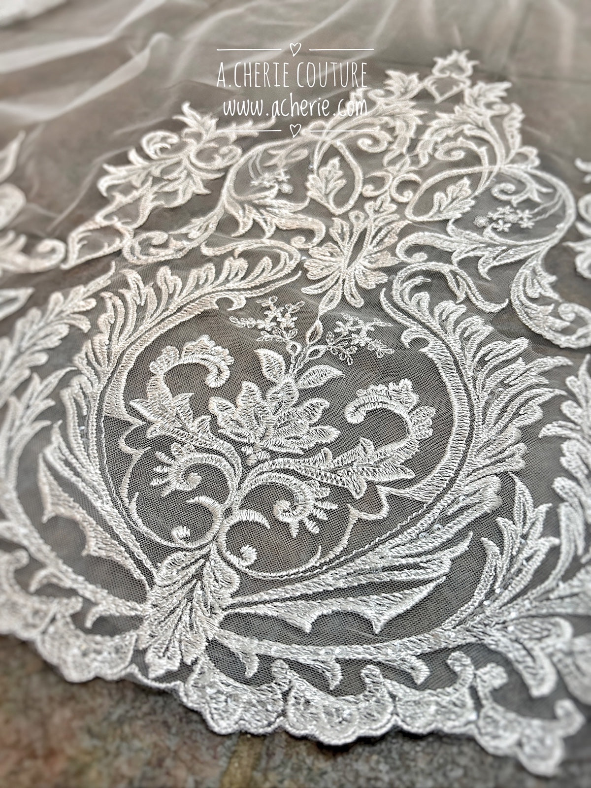 Style RV25 Embroidered Scroll Lace Royal Veil - A.Cherie Couture Shop