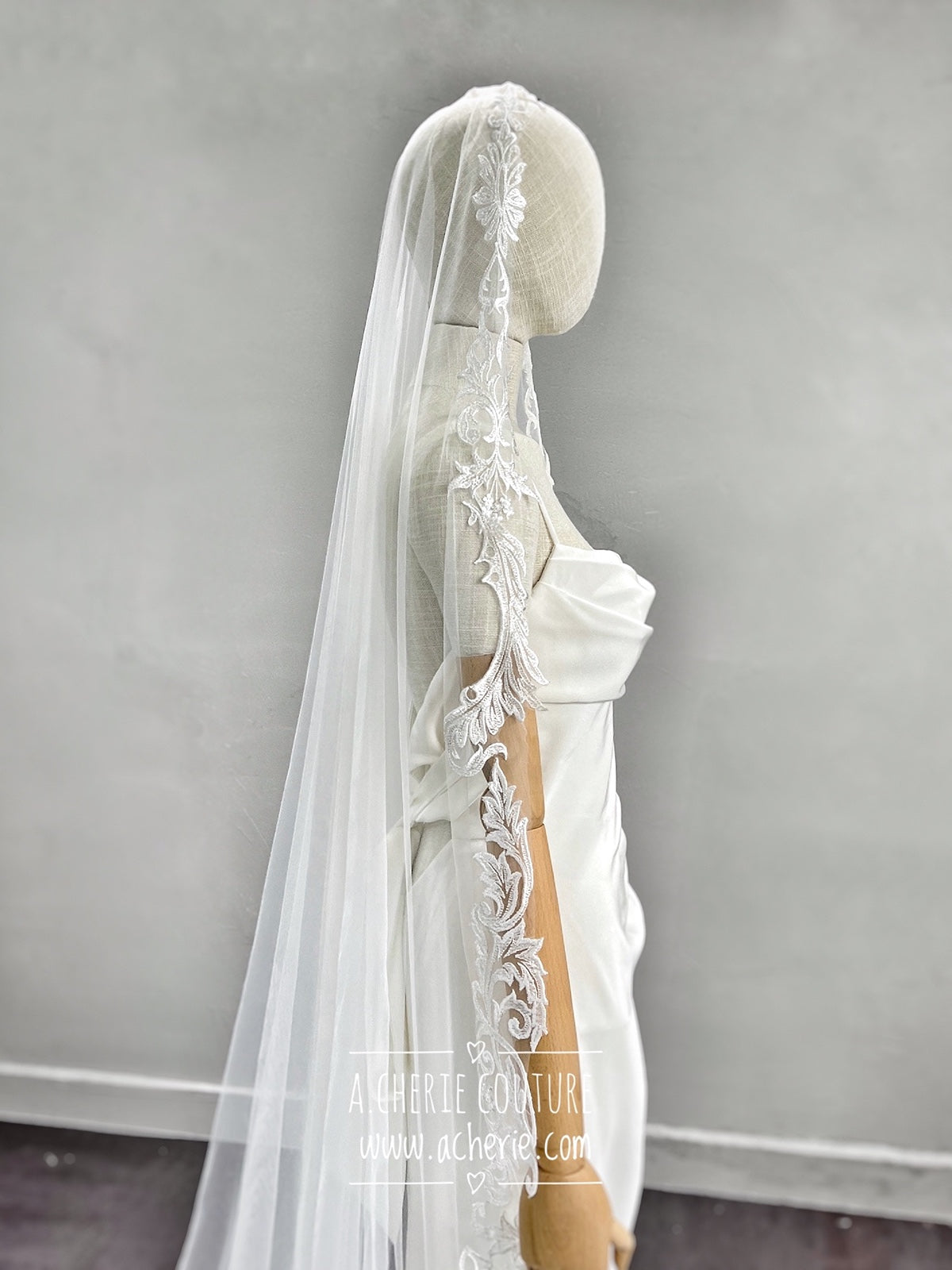 Style RV25 Embroidered Scroll Lace Royal Veil - A.Cherie Couture Shop