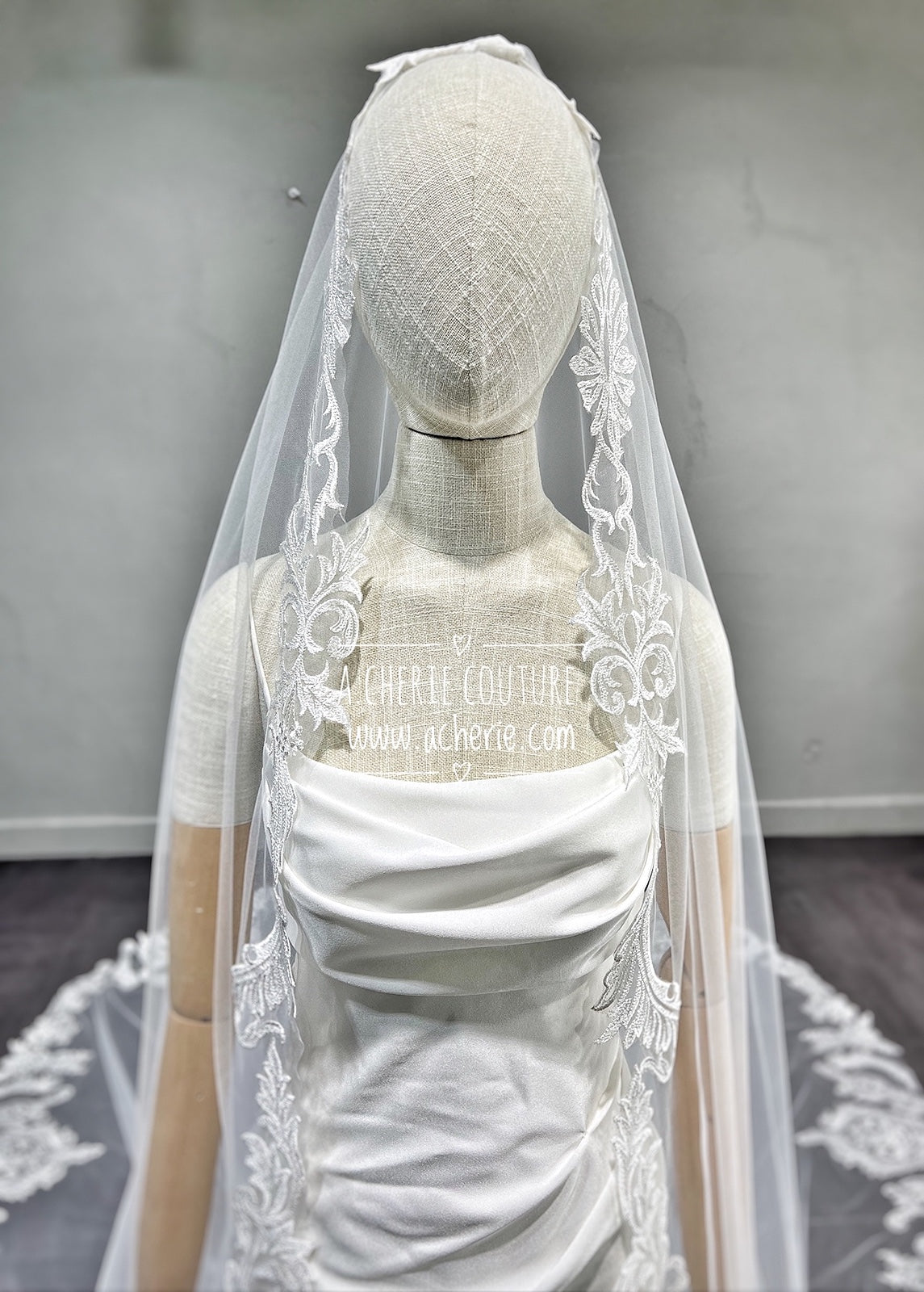 Style RV25 Embroidered Scroll Lace Royal Veil - A.Cherie Couture Shop