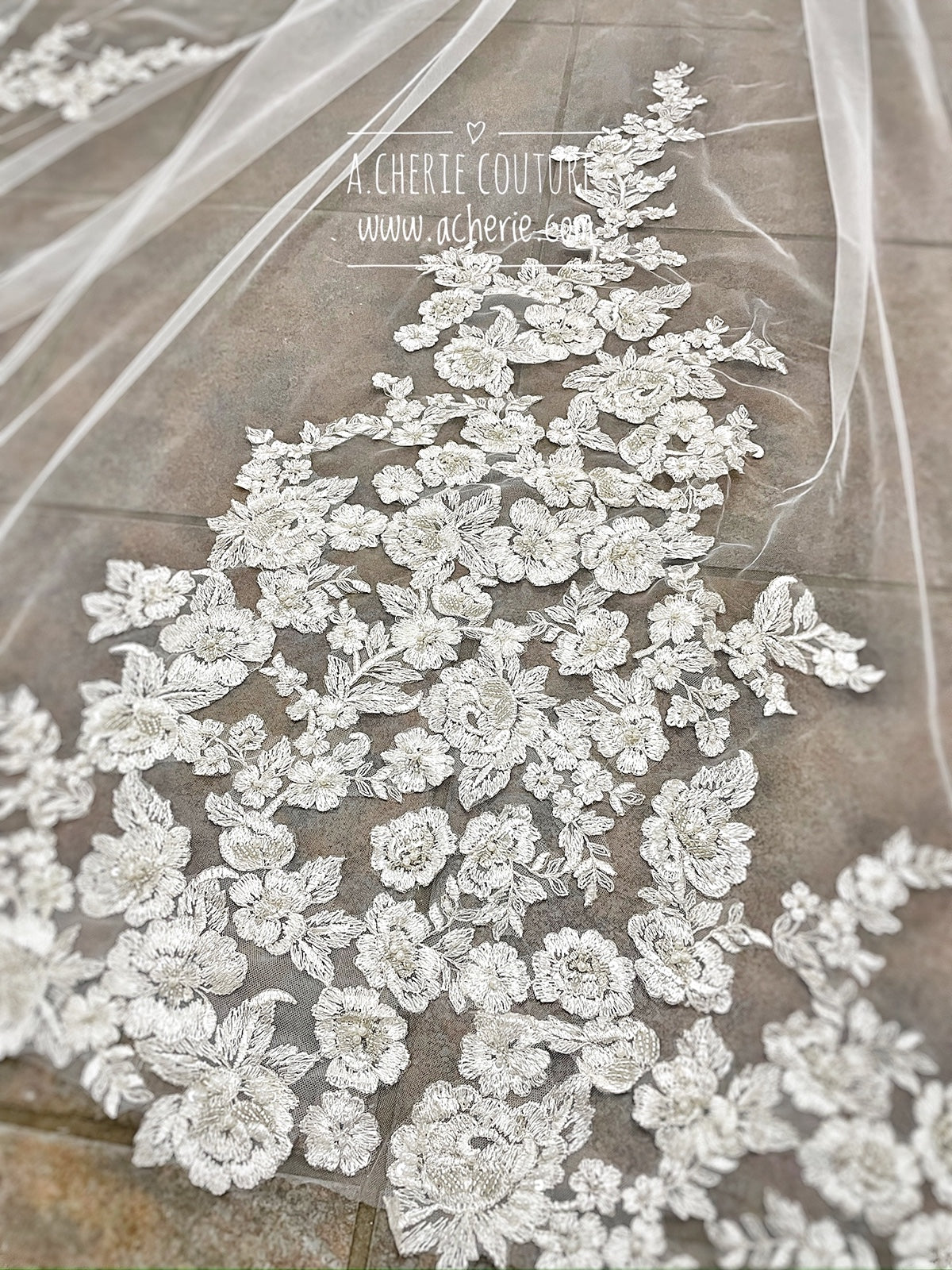 Style RV26 Hand Beaded Embroidered Floral Lace Royal Veil - A.Cherie Couture Shop