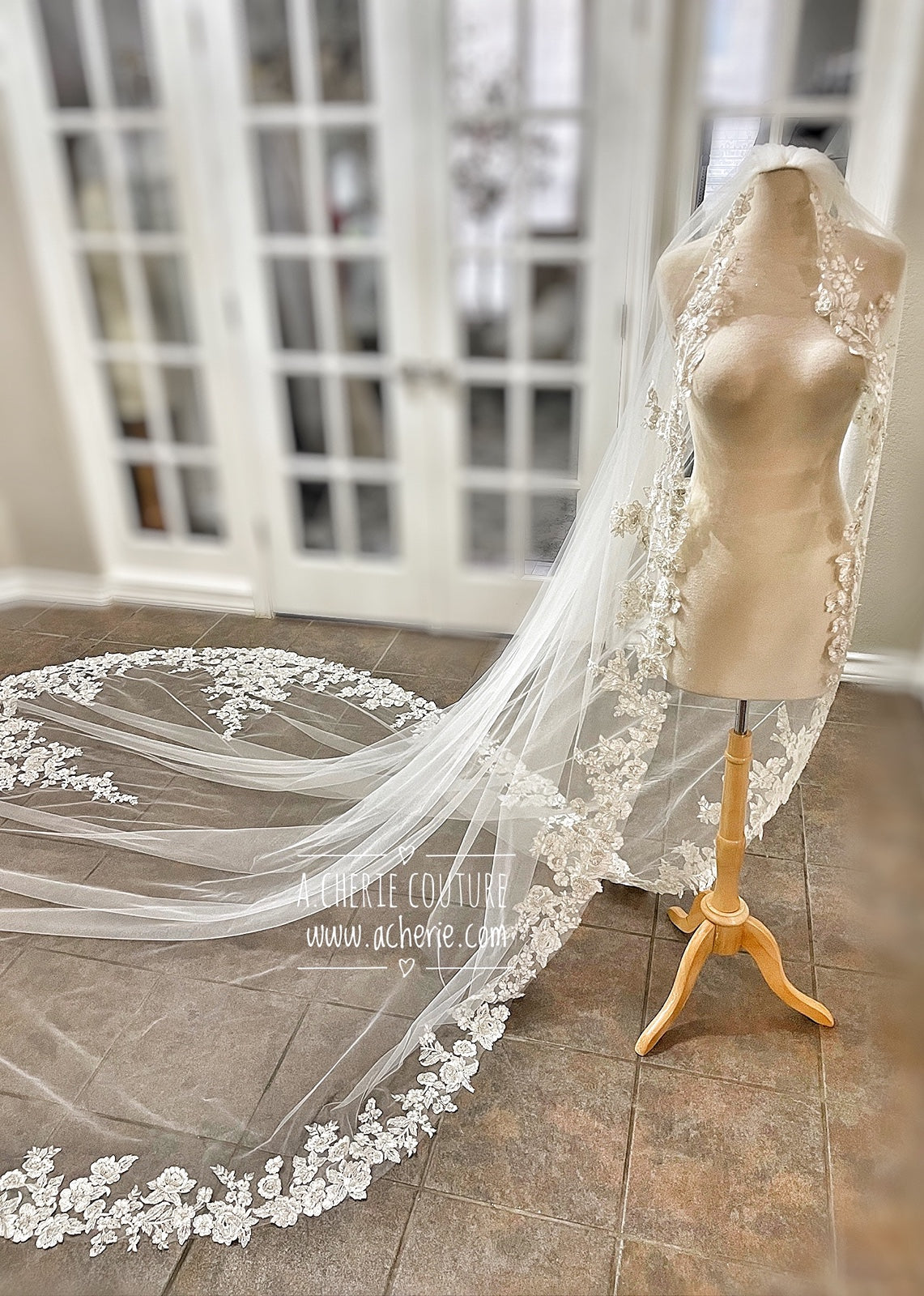 Style RV26 Hand Beaded Embroidered Floral Lace Royal Veil - A.Cherie Couture Shop