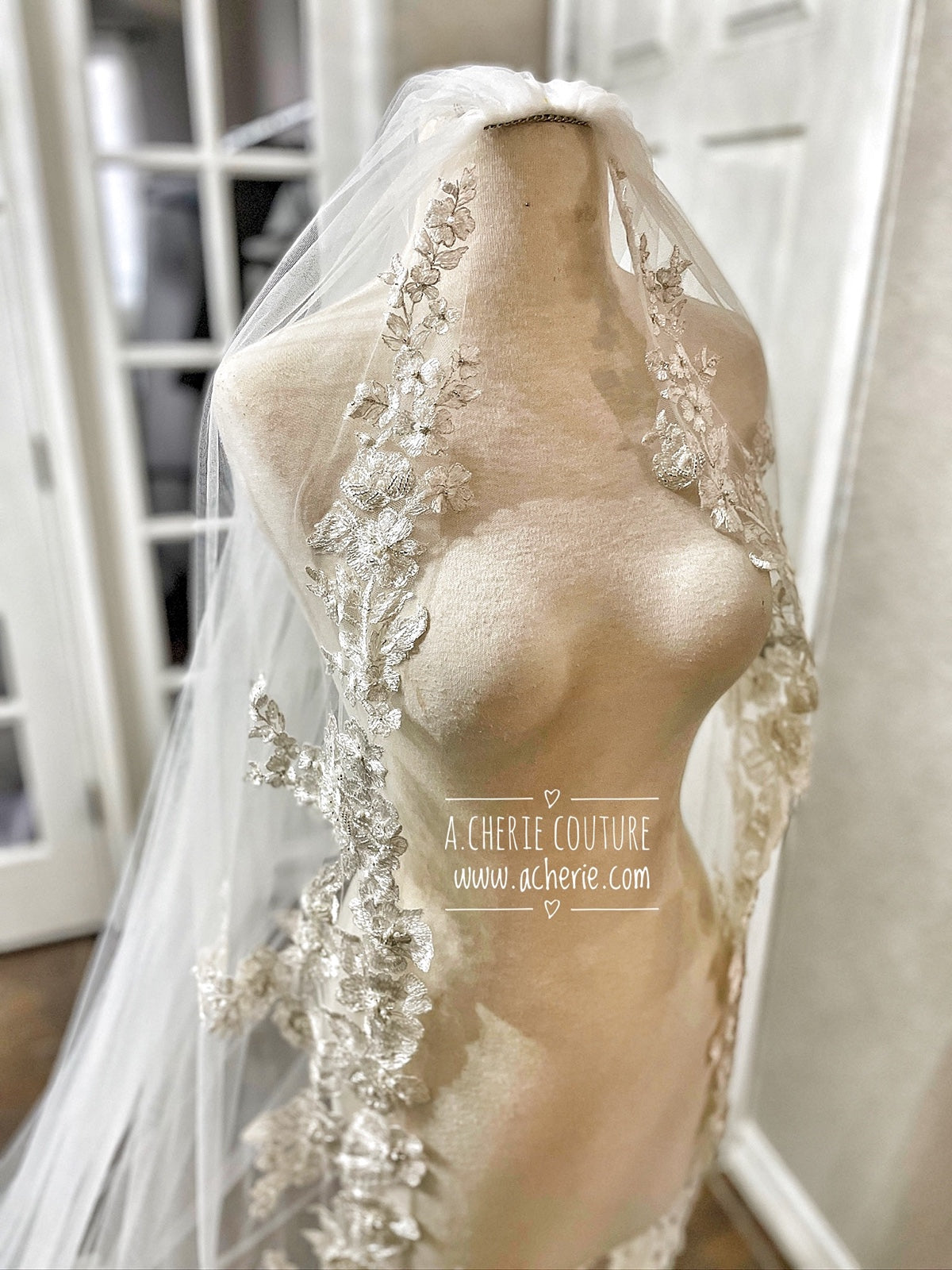 Style RV26 Hand Beaded Embroidered Floral Lace Royal Veil - A.Cherie Couture Shop